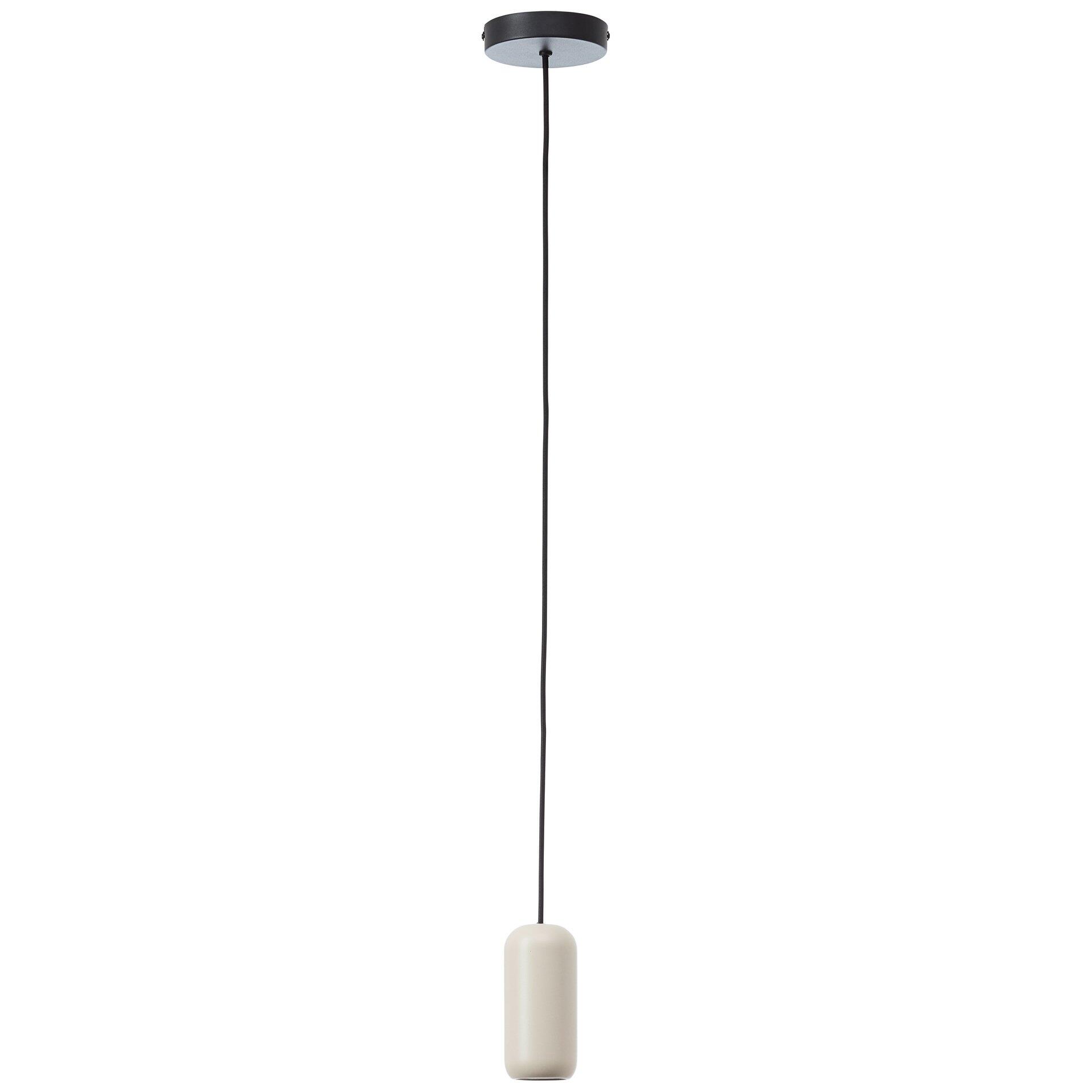 Pendelleuchte Kopenhagen mit zylindrischem Lampenkopf in Beige und verstellbarem, schwarzem Kabel an schwarzer Deckenbefestigung.