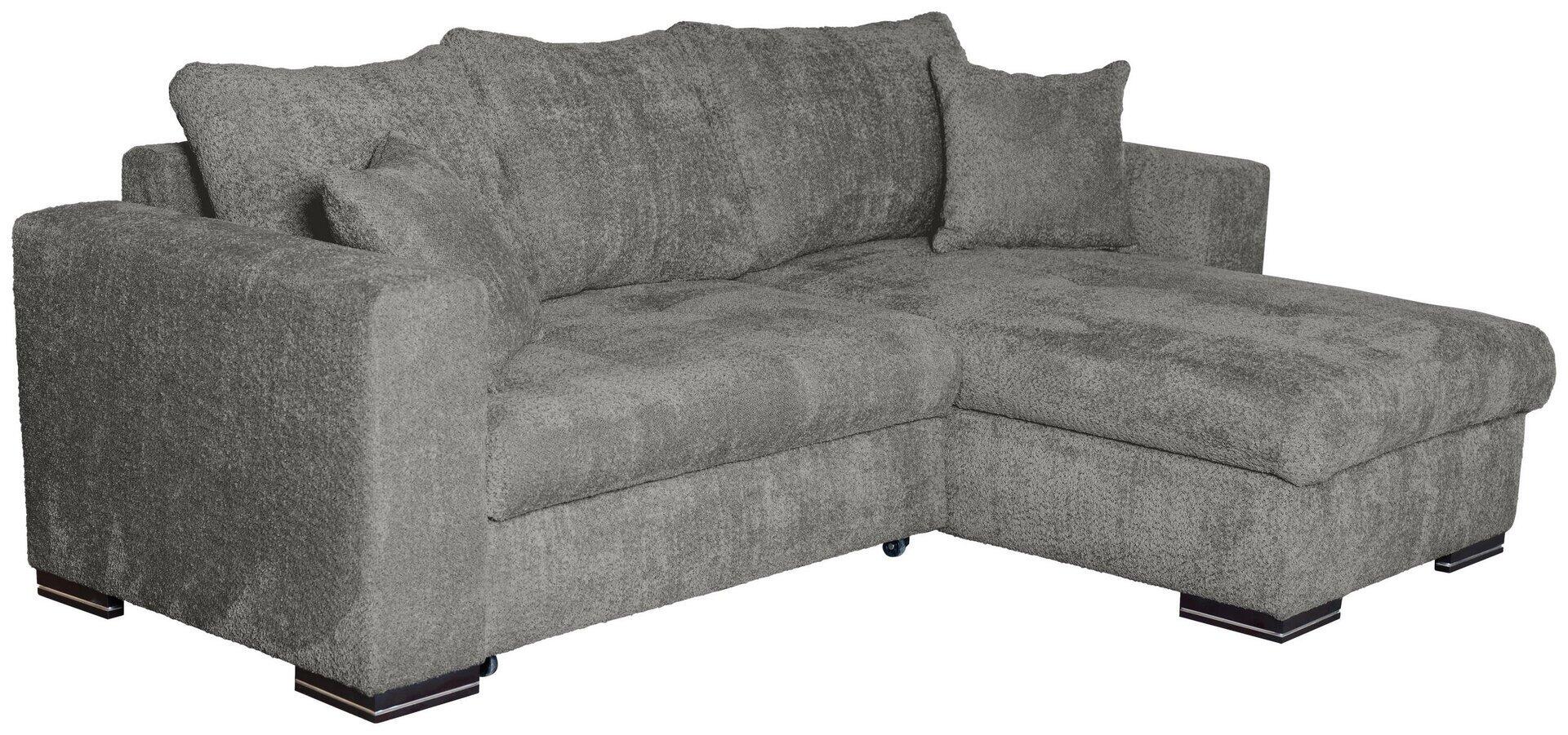 Graues Ecksofa Malmo in seitlicher Ansicht mit breiten Armlehnen und zwei Zierkissen, Details der Holzfüße erkennbar.