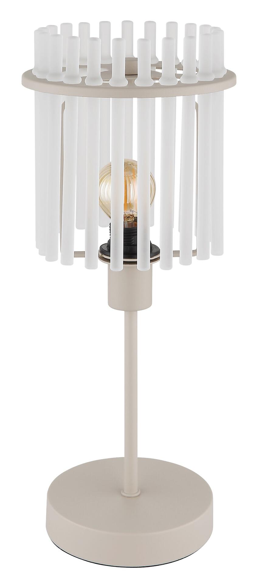 Tischleuchte GORLEY mit abstraktem Design und zylindrischen Glaselementen, die das Licht für ein einzigartiges Muster durchlassen, frontal aufgenommen.