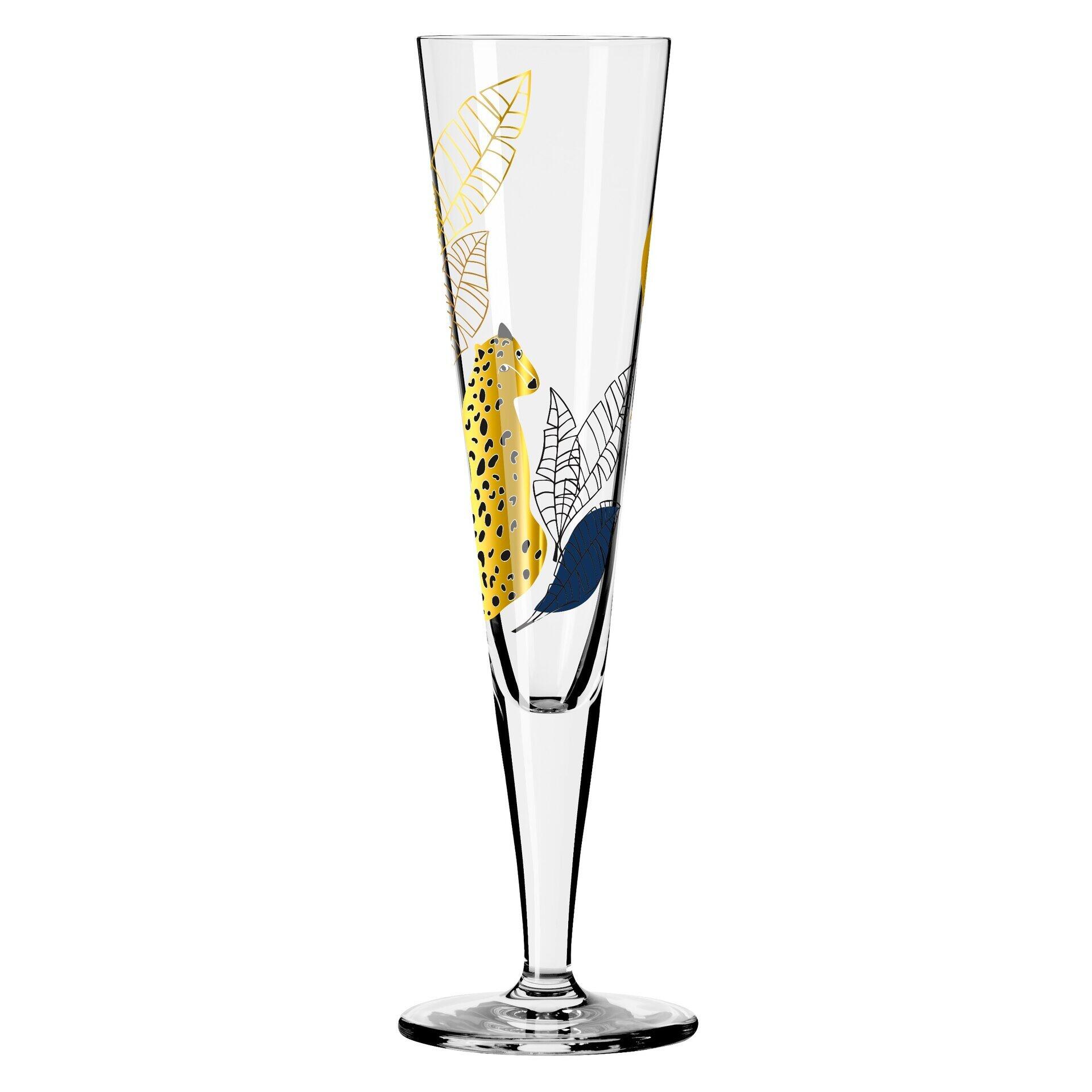 Champagnerglas mit hochgewölbtem Kelch, goldenem Leoparden- und Blattdekor auf dem Glas und schlankem Stiel, präsentiert in voller Ansicht.