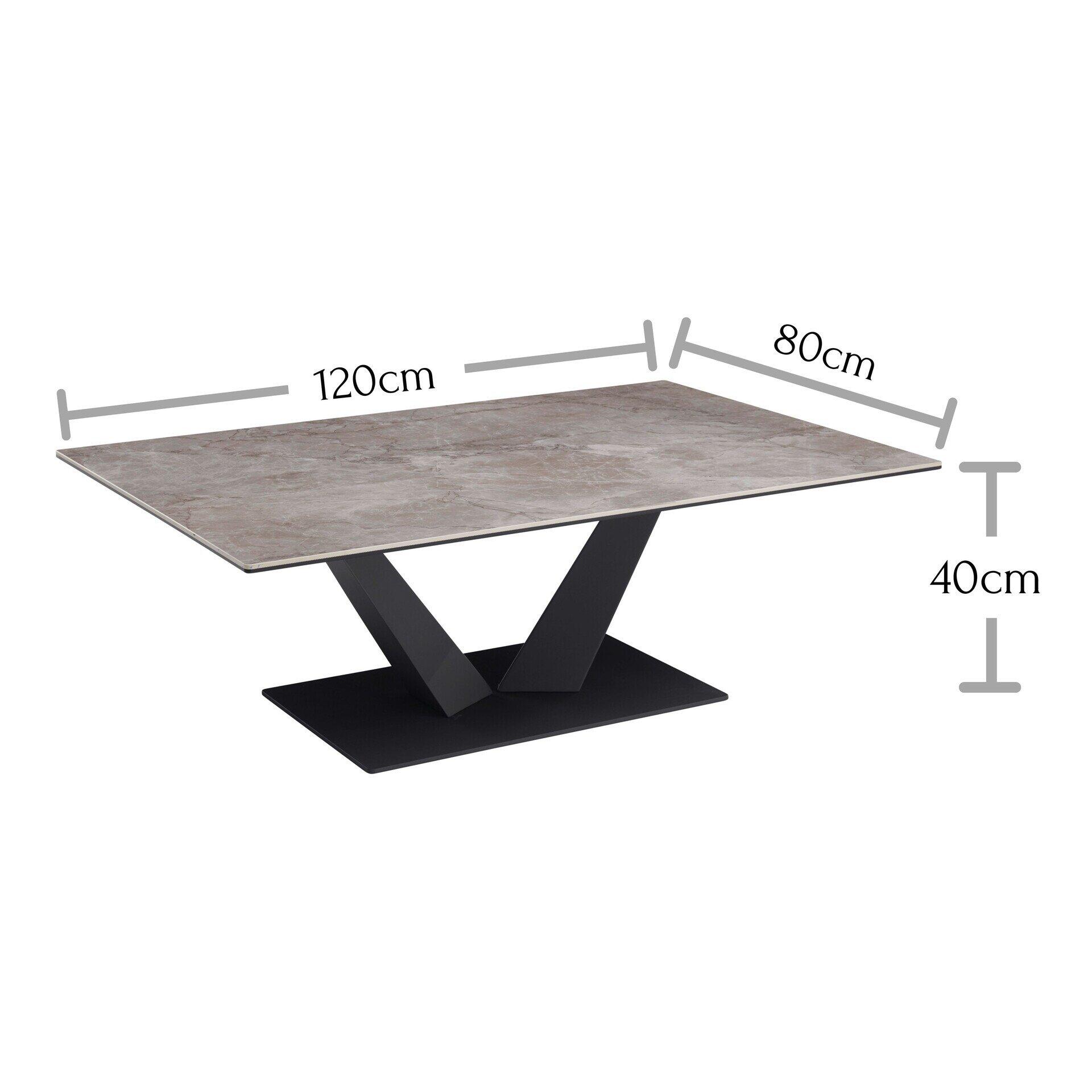 Grauer rechteckiger Esstisch mit den Maßen 120x80x40 cm und schwarzem Metallfuß.