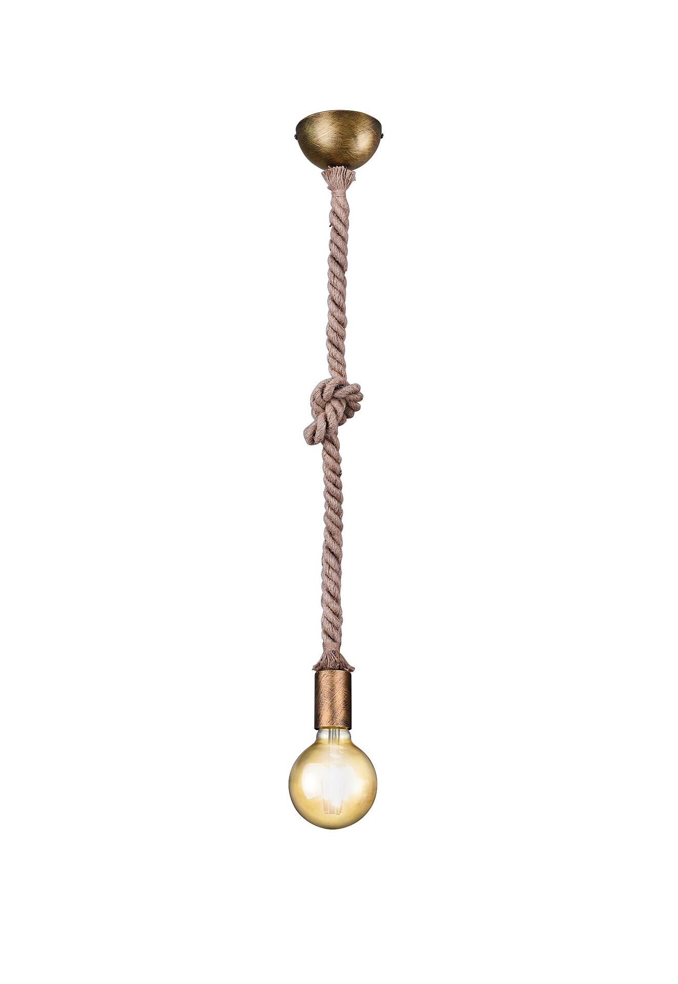 Pendelleuchte Rope mit messingfarbener Deckenhalterung, braunem Seil und Knoten, die eine Edison-Glühbirne in warmem Lichtschein hält.