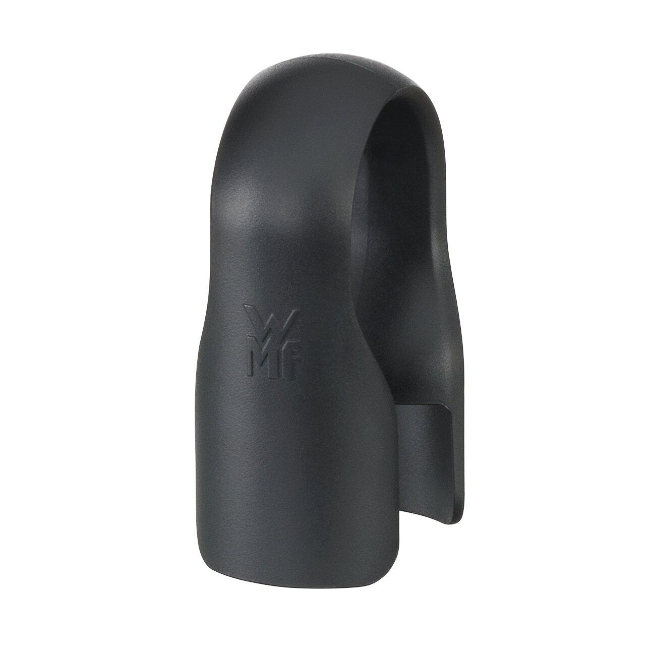 Schwarzer Hebelkorkenzieher Baric von WMF mit ergonomischer Form, Aufhängevorrichtung und eingeprägtem "MF"-Logo, detailreich in Dreiviertelperspektive dargestellt.