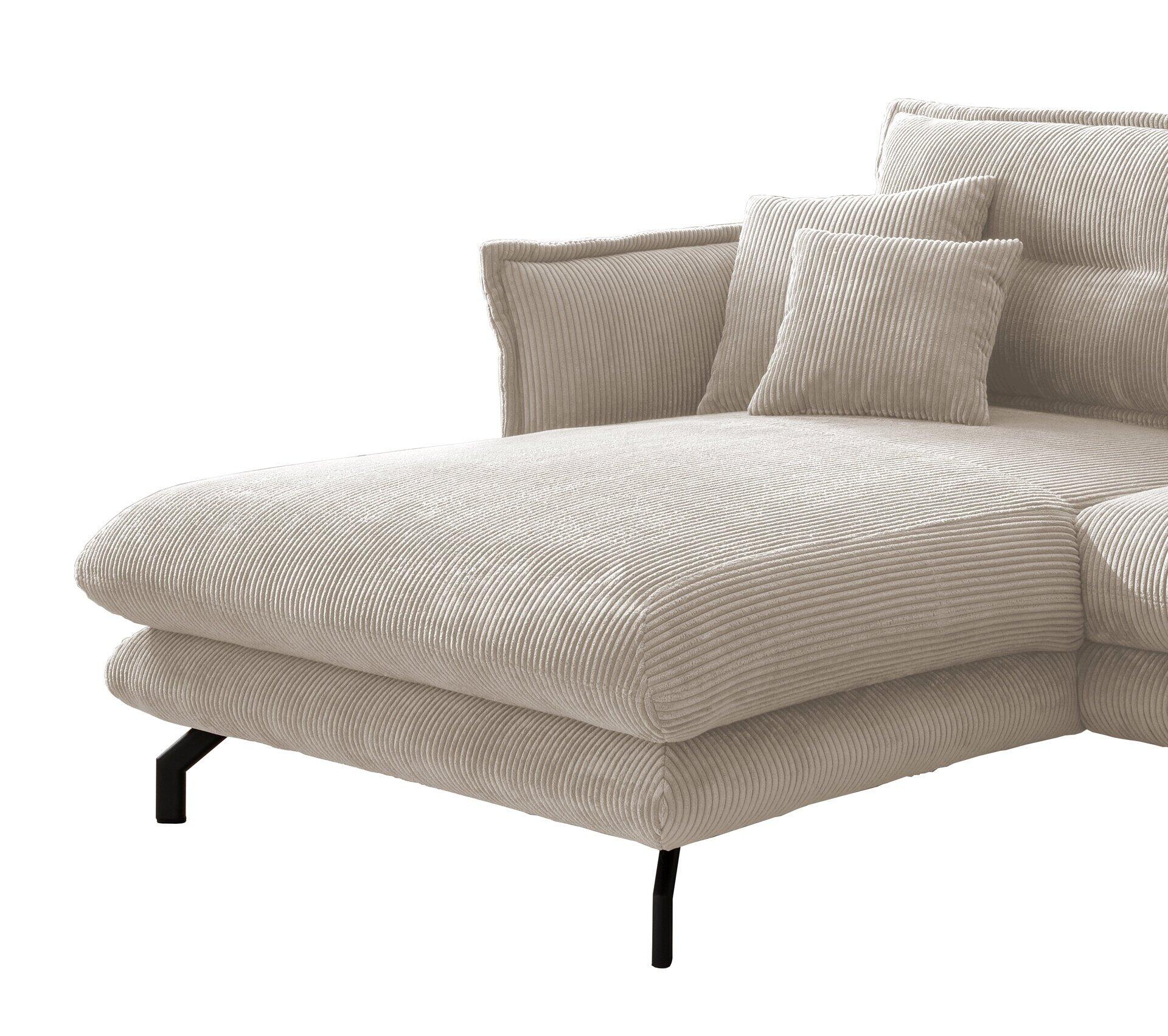 Ecksofa Lava mit Eckauszieher und schwarzen Metallfüßen, detailreich aus der Seitenperspektive mit Cord-ähnlicher Struktur und dekorativem Kissen.