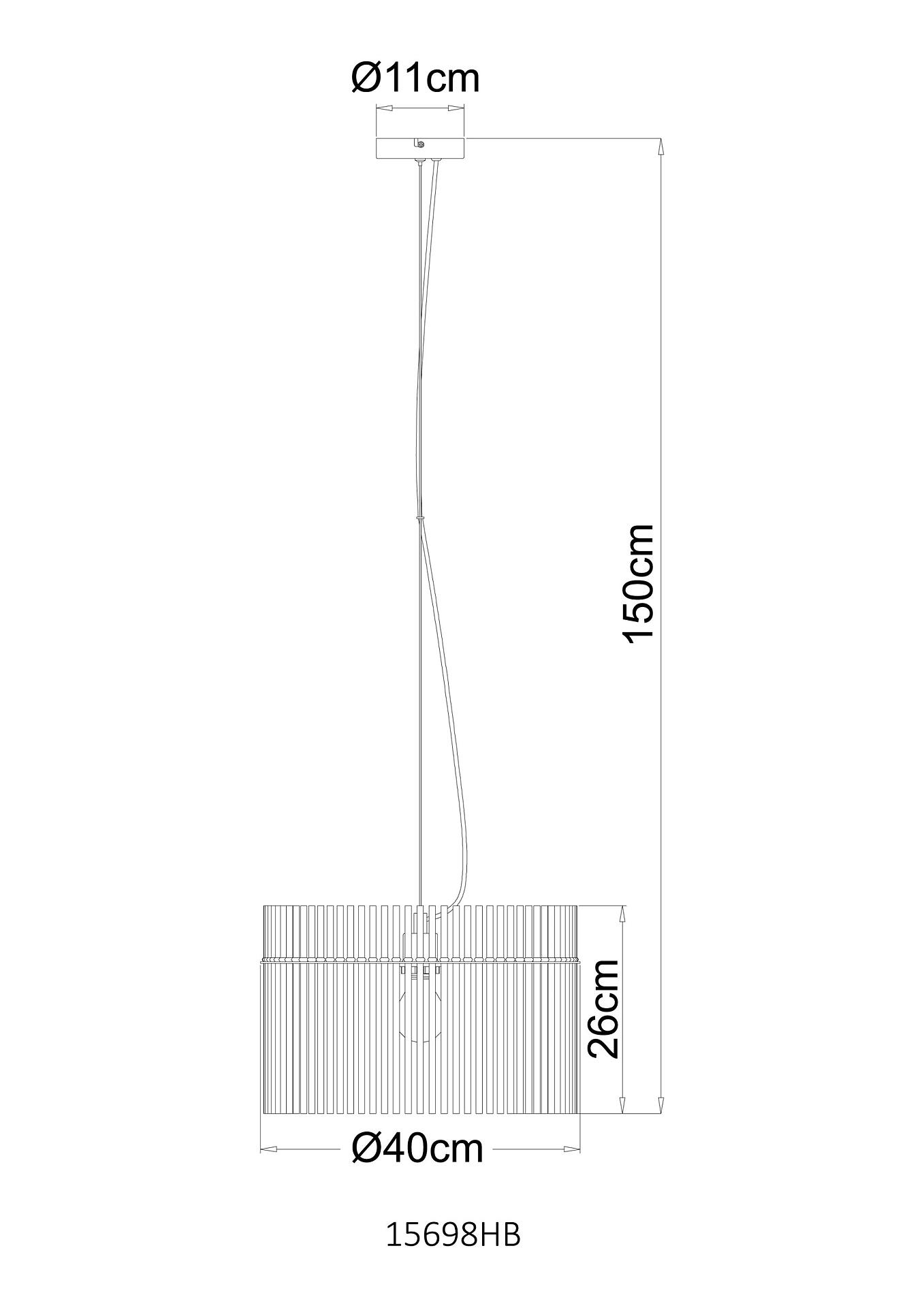 Hängeleuchte GORLEY mit zylindrischem Lampenschirm aus vertikalen Lamellen, Gesamthöhe 150 cm, Durchmesser 40 cm.