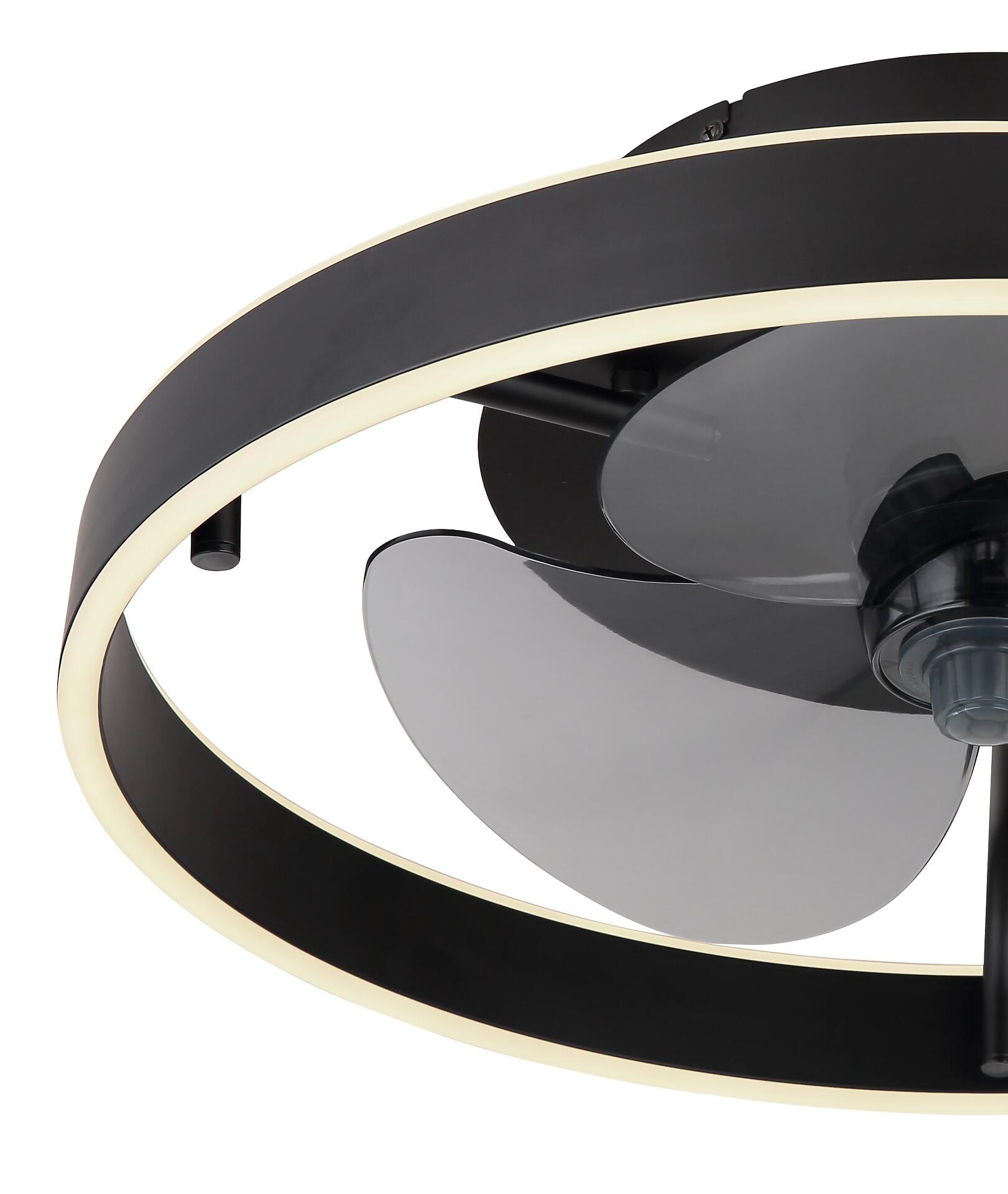 Deckenventilator CONWAY mit schwarzem Rahmen, weißer Akzentleiste und einem einzelnen, gewölbten Flatterblatt im Detail.