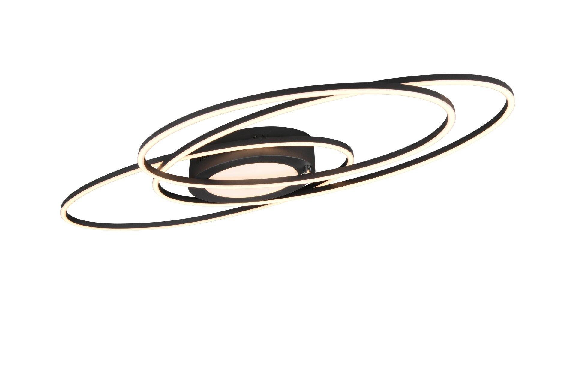 Deckenleuchte Ovine mit ellipsenförmigen Lichtringen, die durch die Perspektive von unten ihre Rundung zeigen und ein warmes Licht ausstrahlen.