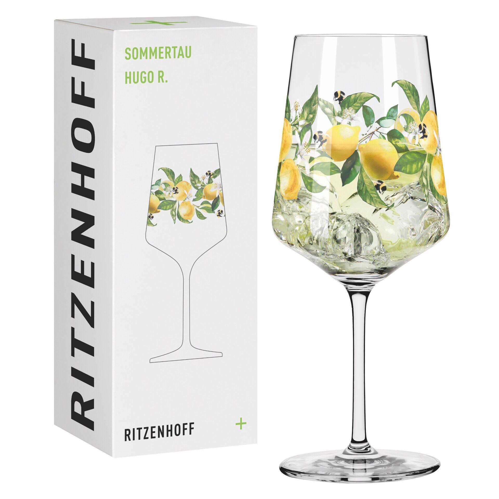 Elegantem Aperitifglas "Sommer Tau" von Ritz-Hoff in hellgrün mit detaillierter Zitronenillustration, präsentiert in attraktiver Geschenkbox und gefüllt mit Eiswürfeln.