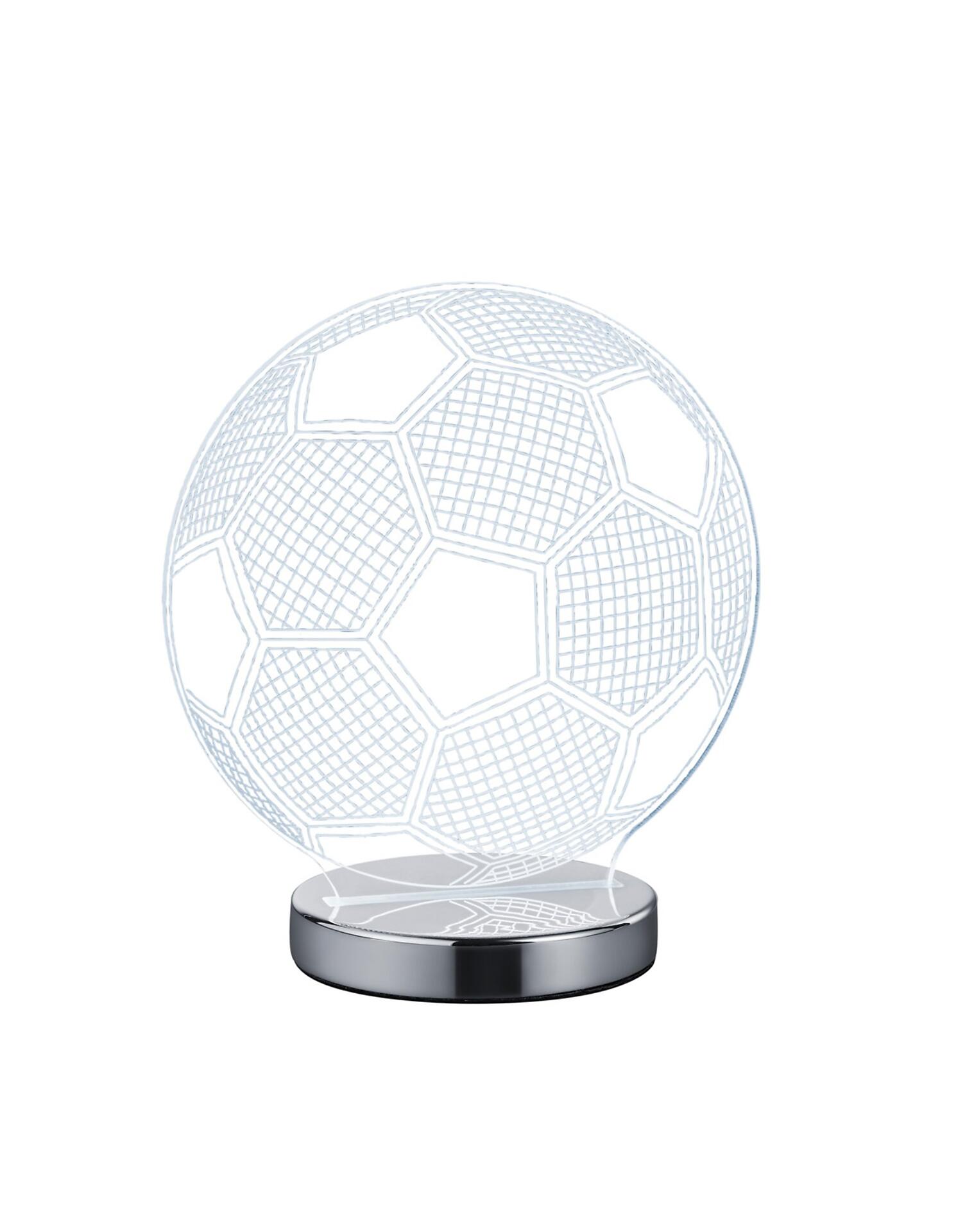Tischleuchte im Design eines Fußballs mit weißen LED-Linien auf silbernem Sockel, Detailaufnahme aus leicht erhöhter Perspektive.