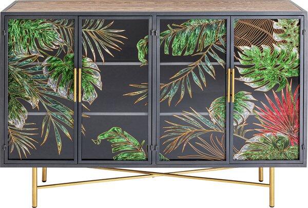 Sideboard Jungle mit vier Türen, einer Schublade, botanischem Motiv aus grünen Blättern und goldenen Linien sowie goldenen Griffen und Kreuzfuß.