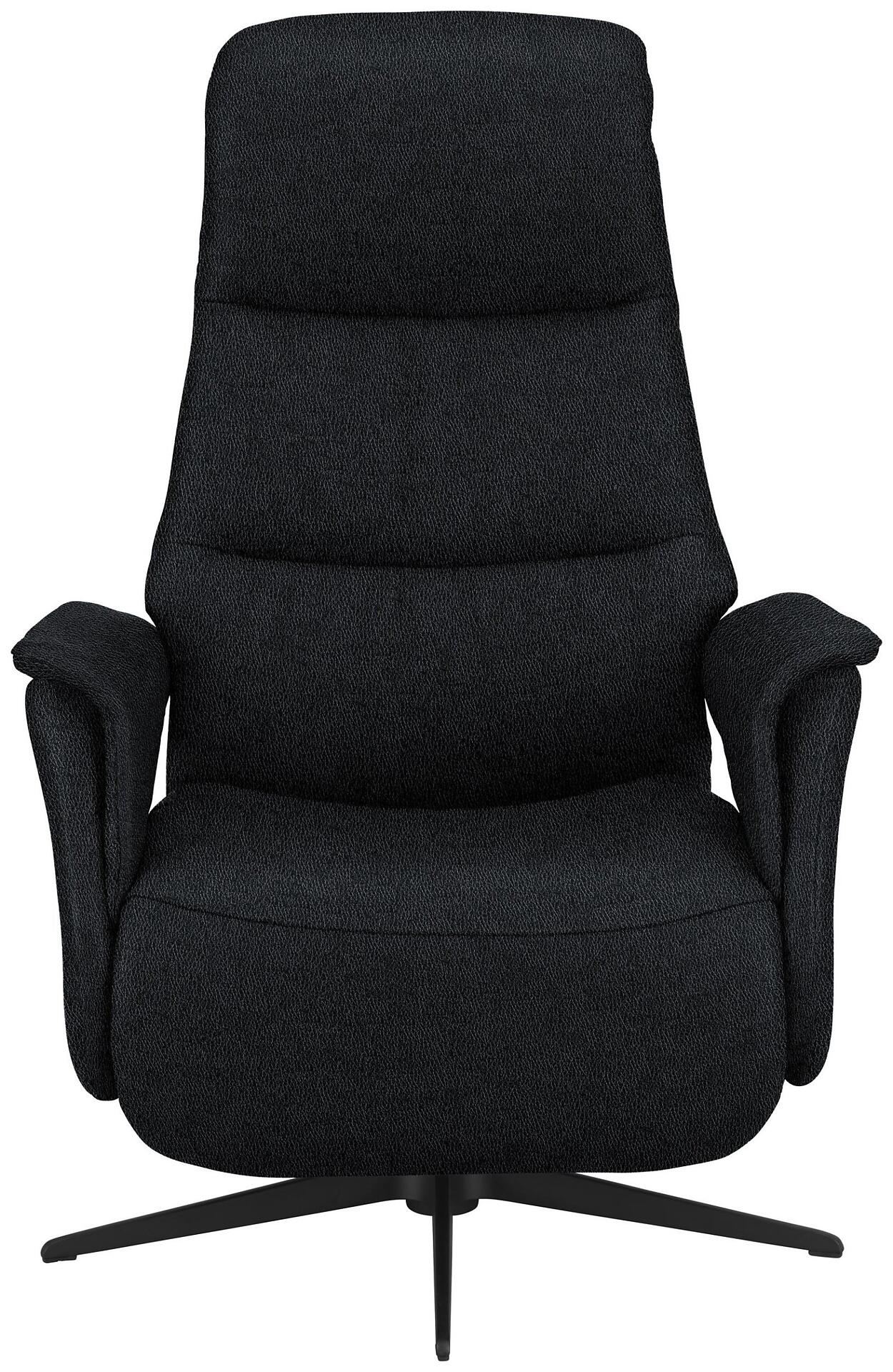 Relaxsessel 8102 in Frontalansicht mit geschwungener Rückenlehne, nach innen gebogenen Armlehnen und drehbarer Sitzfläche auf schwarzem Sternfuß.