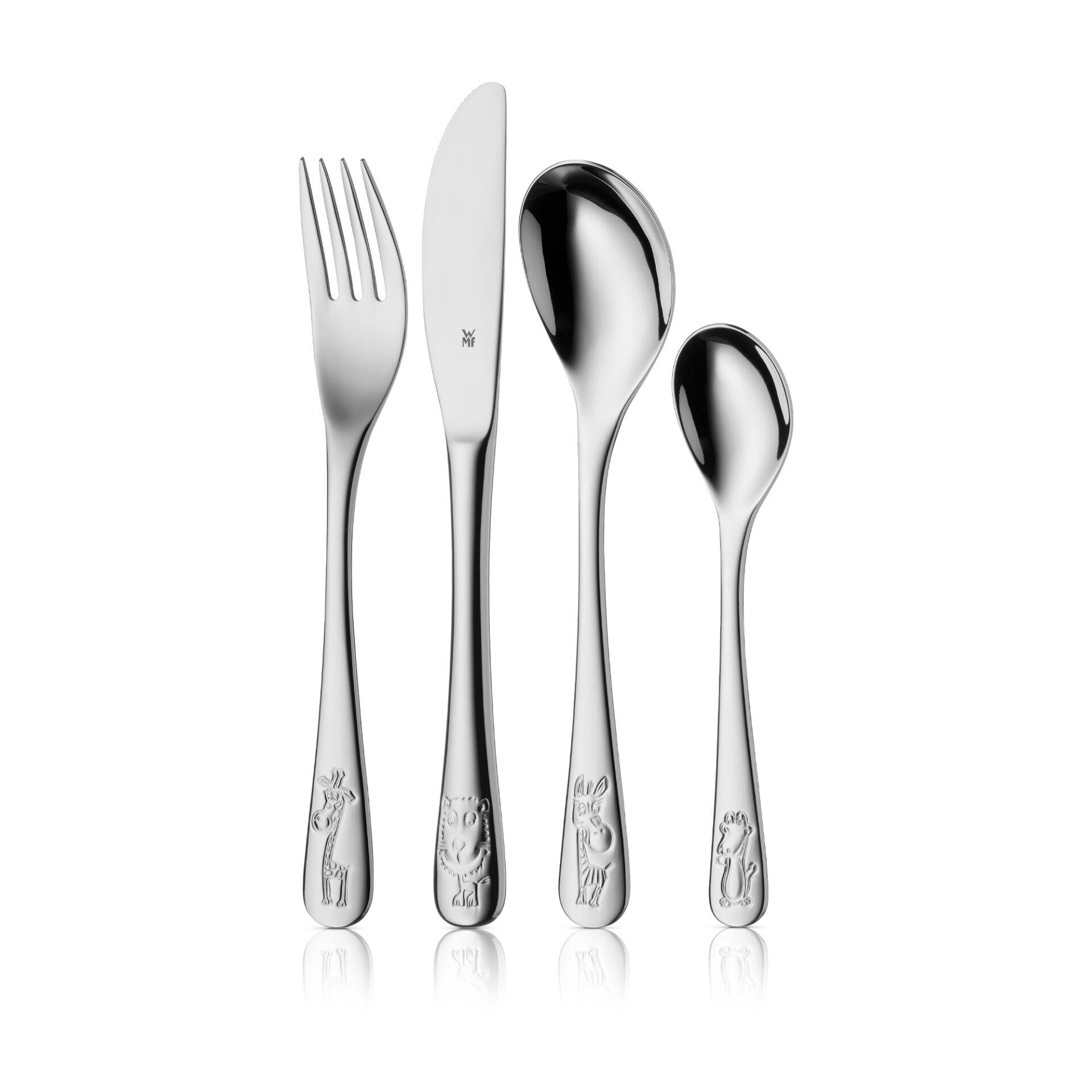 Kinderbesteck-Set Safari mit Gabel, Messer, Löffel und Teelöffel, jeweils mit Tier-Motiv am Stiel, auf weißem Hintergrund.