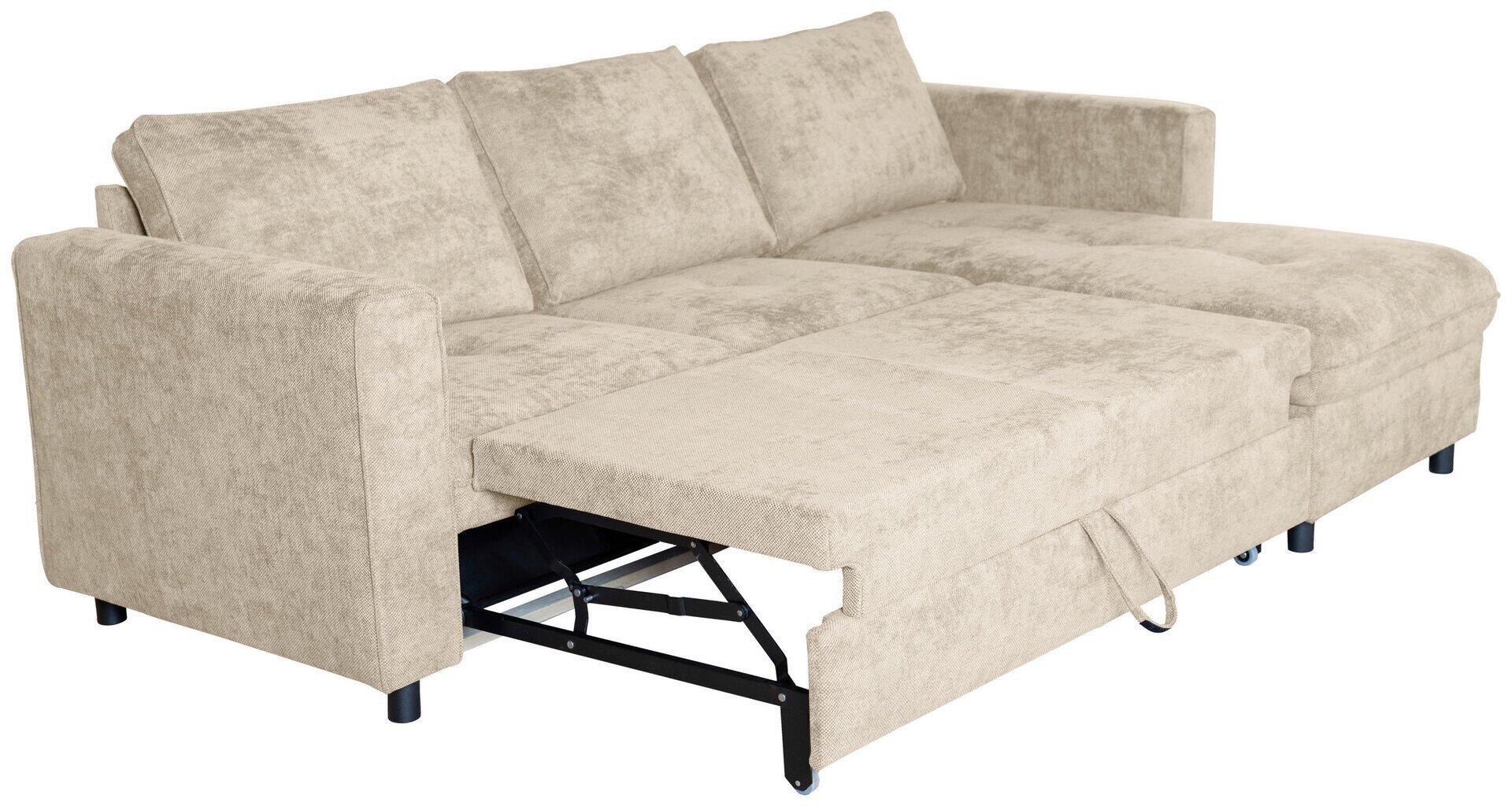 Ecksofa Tokyo in Seitenansicht mit ausgezogenem Bett und sichtbarem Mechanismus sowie schwarzen Metallfüßen.