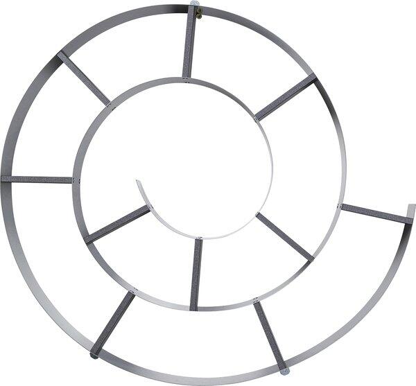 Kreisförmiges Wandregal Snail Silver aus silberfarbenem Stahlblech und weißer Spanplatte mit radial angeordneter, sonnenschirmartiger Struktur zur Präsentation von Dekoration.