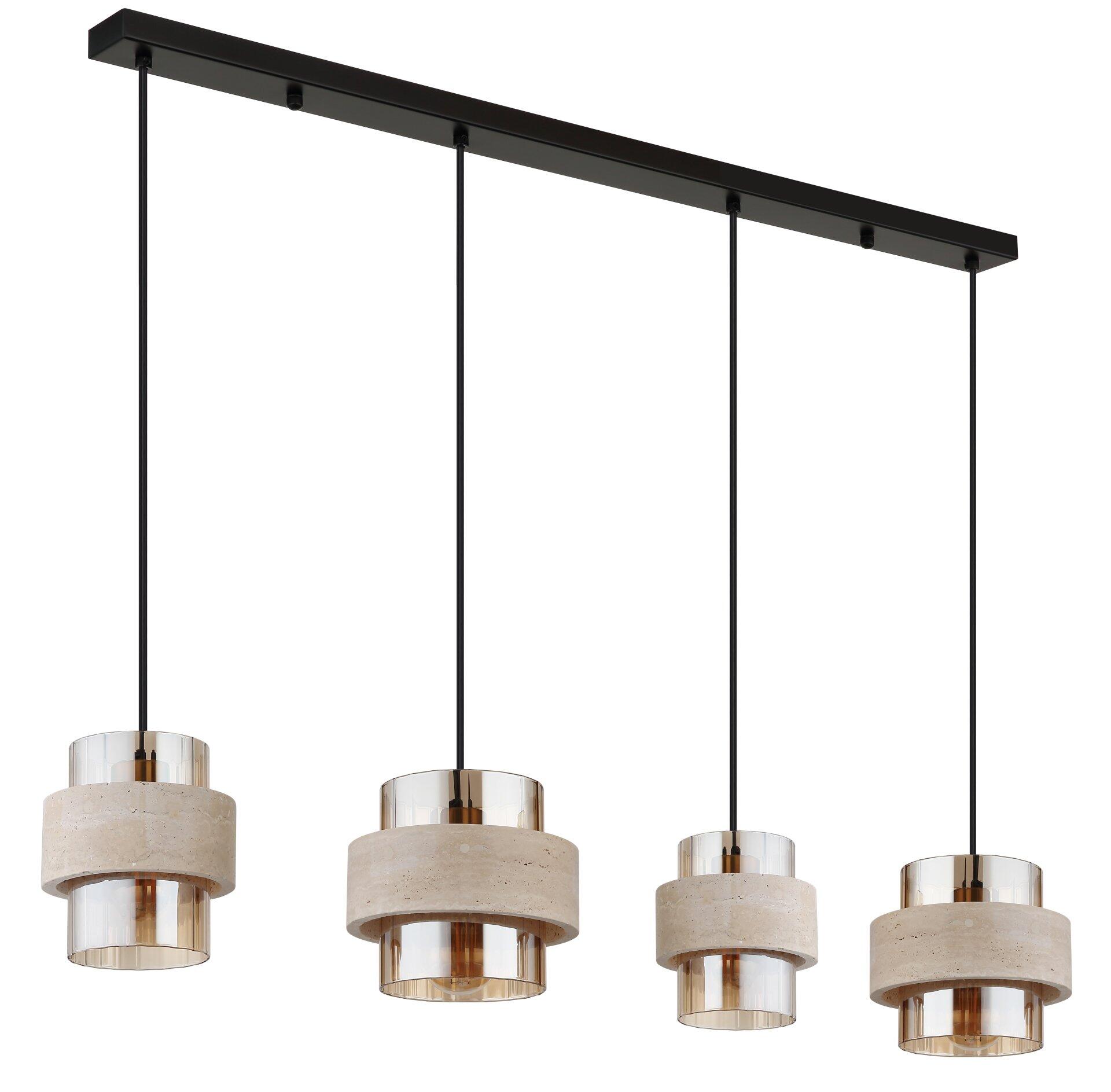Mehrfach-Pendelleuchte DAREN mit schwarzem Metallgestell, vier zylindrischen Leuchten aus Steinoptik, Glas und goldenem Metall, sowie kürzbarer Höhe.