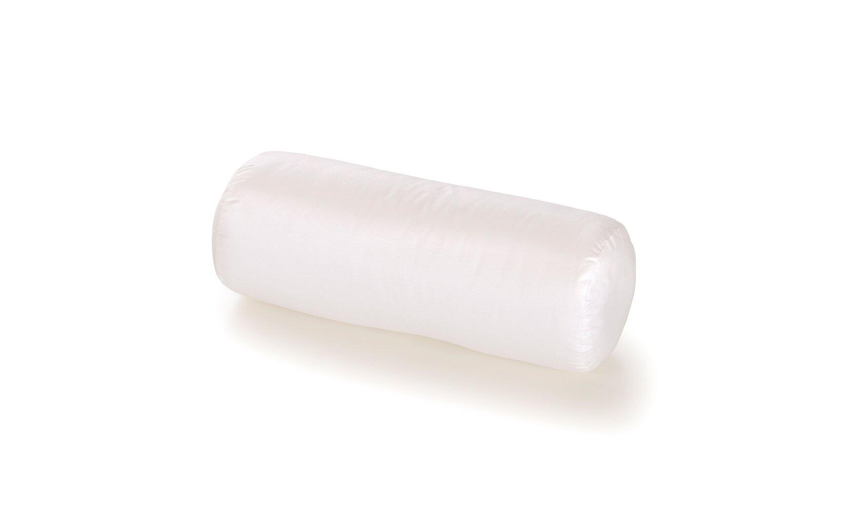 Weißes Nackenkissen mit zylindrischer Form und glänzender Oberfläche zur Unterstützung des Nackens, dargestellt in leicht schräger Perspektive.