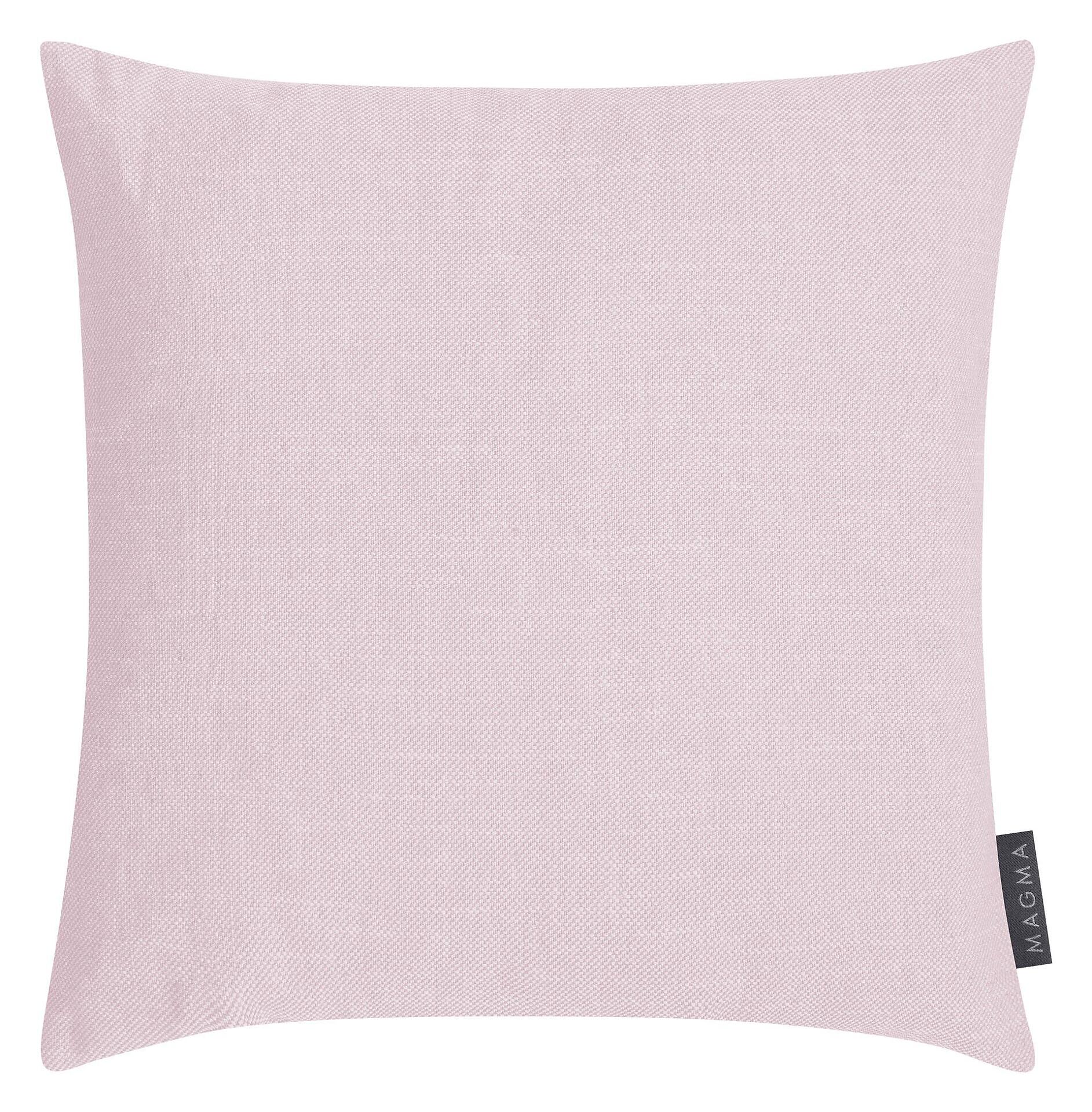 Rosa Kissenhülle Riva mit strukturierter Jacquard-Oberfläche und dezentem Etikett.