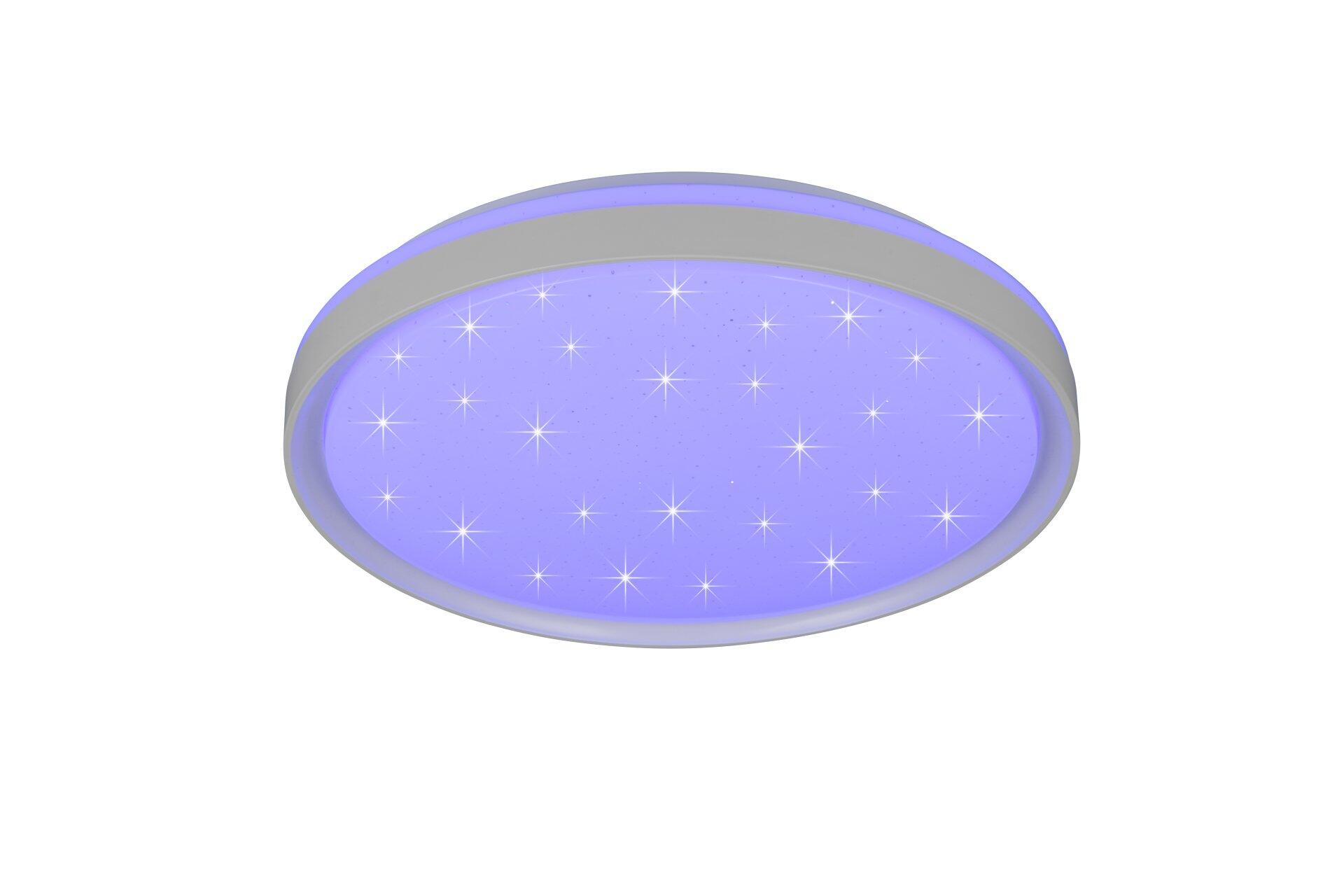 Deckenleuchte Solit mit silberfarbenem Rand und Sternenhimmel-Effekt, der eine stufenlos einstellbare Beleuchtung und stimmungsvolle Lichtspiele zeigt.