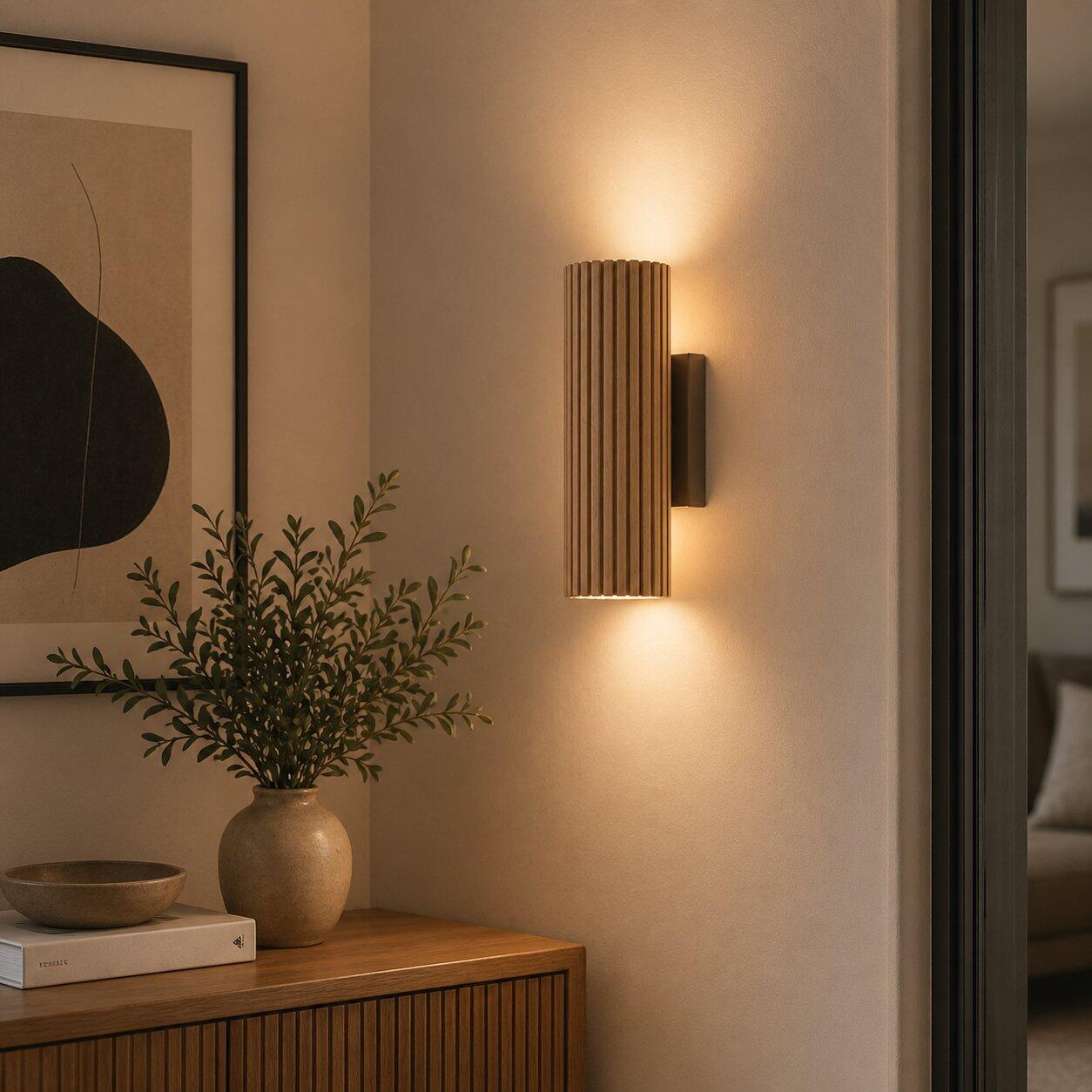 Wandleuchte Lakewood mit vertikalem Design an einem Holzmöbelstück, zeigt indirekte Beleuchtung und Details der Leuchtfläche und Holzmaserung.
