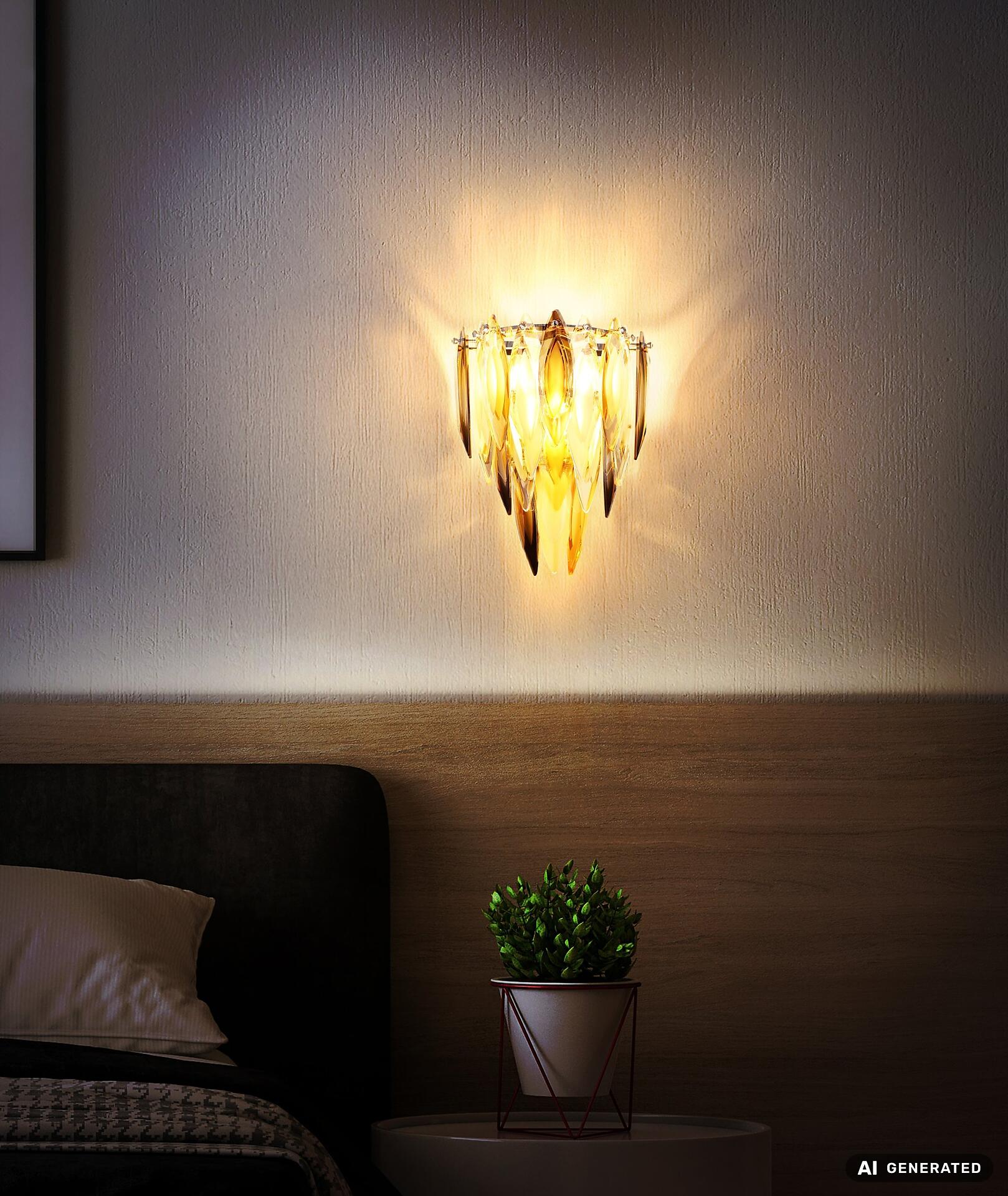 Wandleuchte METALL GOLDFARBEN mit blattartigen Kristallglas-Elementen, die warmes Licht wirft und durch die leichte Unterperspektive im Raum besonders hervorsticht.