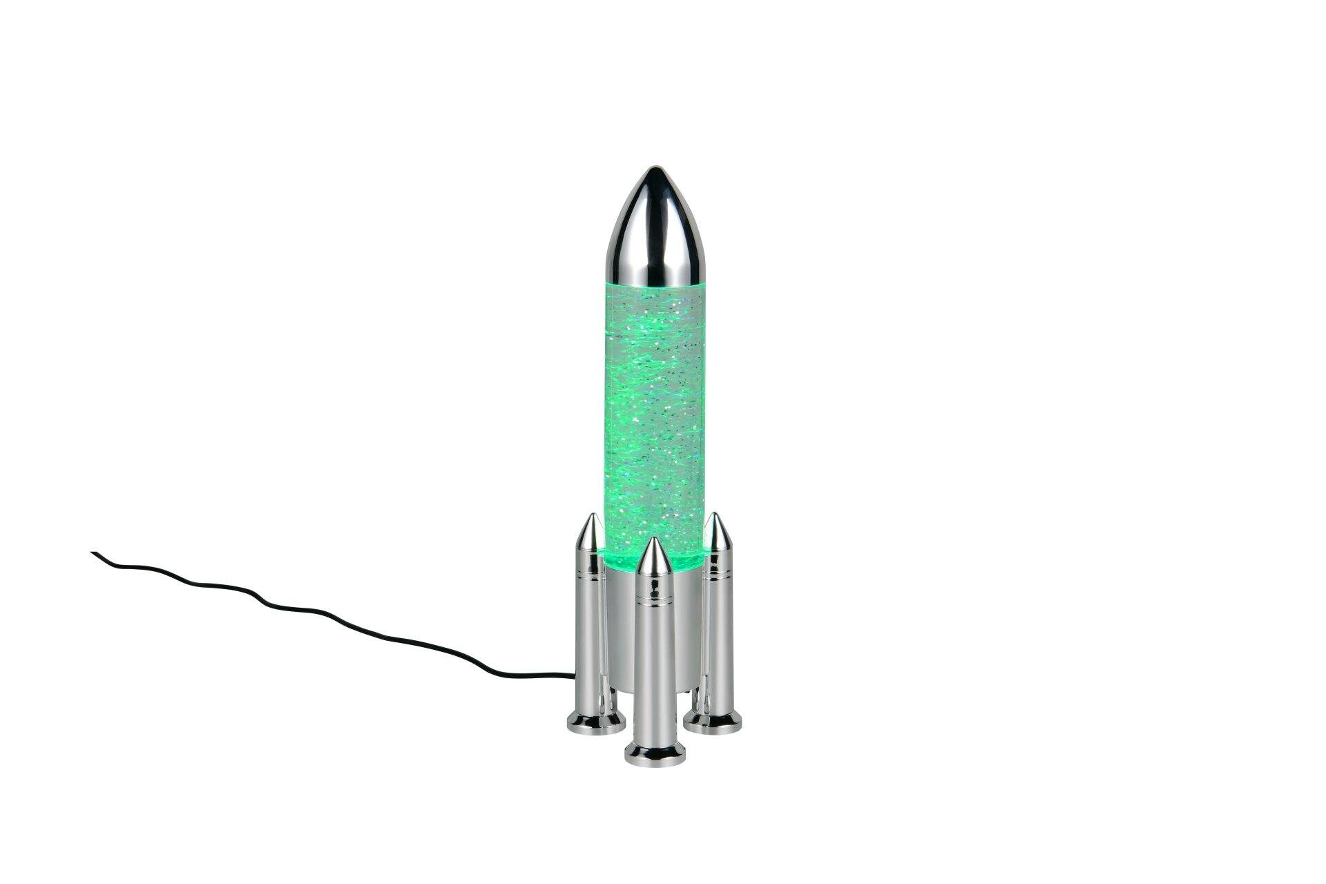 Tischleuchte Apollo mit Raketen-Design und silbernem Sockel, der die Form von Raketenstufen aufweist, zeigt eine grüne Lava-Lava-Bläschen in einem Glasbehälter mit Glitzerpartikeln.