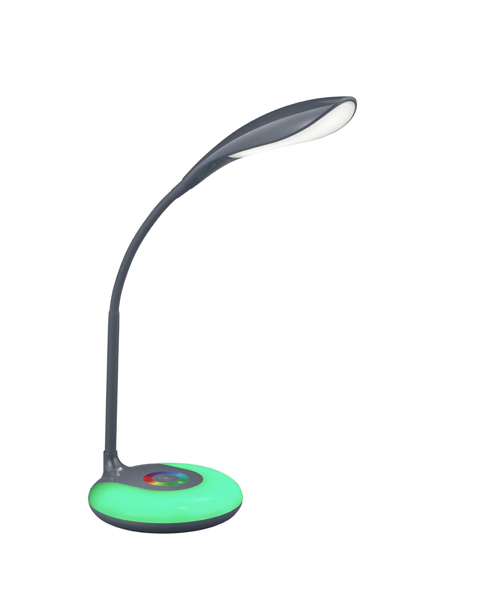 Tischleuchte Krait im Profil mit verstellbarem Lampenkopf, flexiblem Gelenk und farbiger LED-Beleuchtung an der Basis.