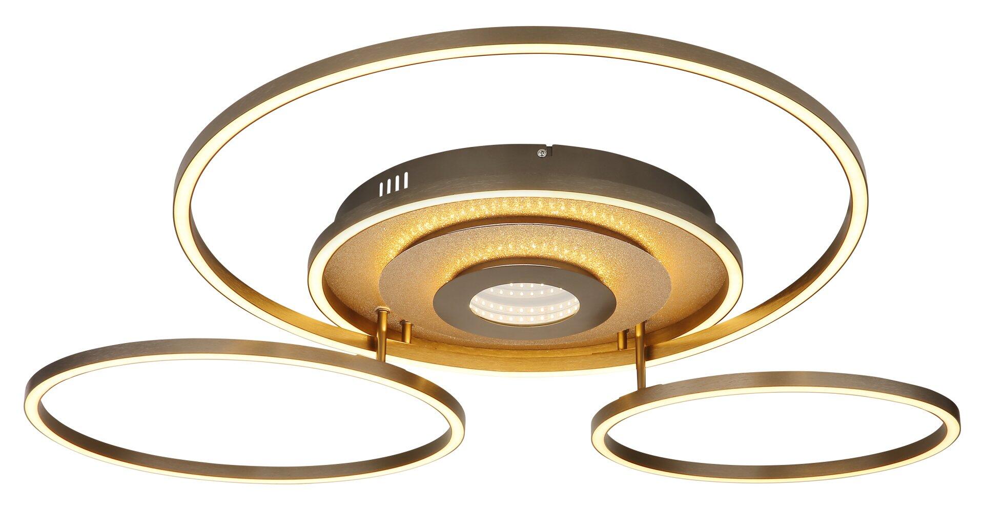 Deckenleuchte MILES mit rundem, schwarzem Korpus und drei goldenen Lichtbändern aus der Vogelperspektive, die die dimmbare Funktion und das Design mit zentraler Lichtquelle zeigen.