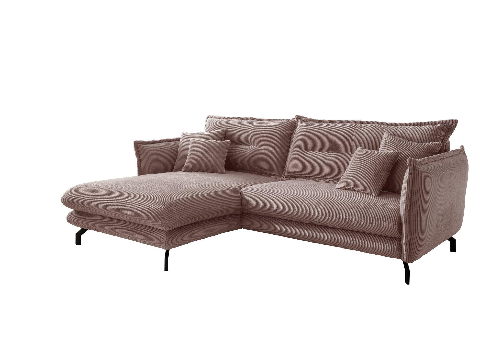 Ecksofa Lava mit modularem Aufbau, Anlehnbereich mit weich gebogenen Rückenlehnen und schwarzen Metallfüßen, aus Frontalperspektive.
