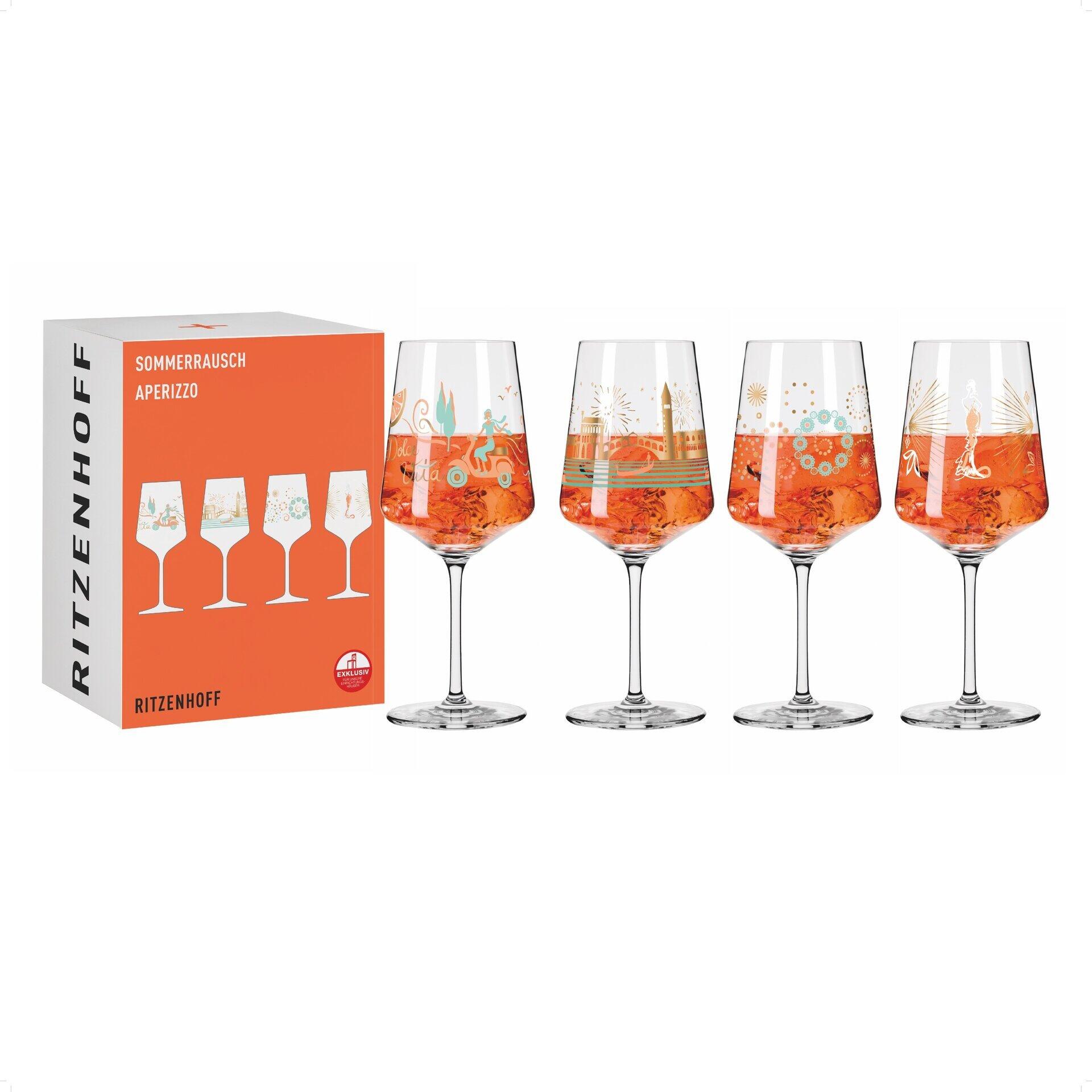 Vier Aperitifgläser mit sommerlichen Aquarell-Motiven in orangefarbener Ausführung, präsentiert in einer Geschenkbox mit "SOMMERRAUSCH APERIZZO" Aufschrift.