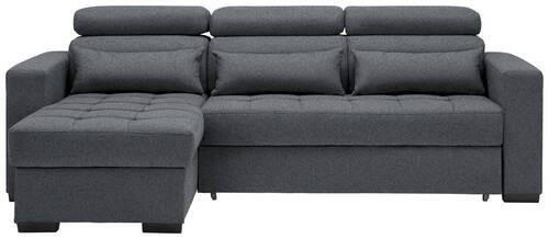 Ecksofa Monson mit Eckausziehsessel-Funktion und drei großen Kissen, dargestellt in frontaler Perspektive.