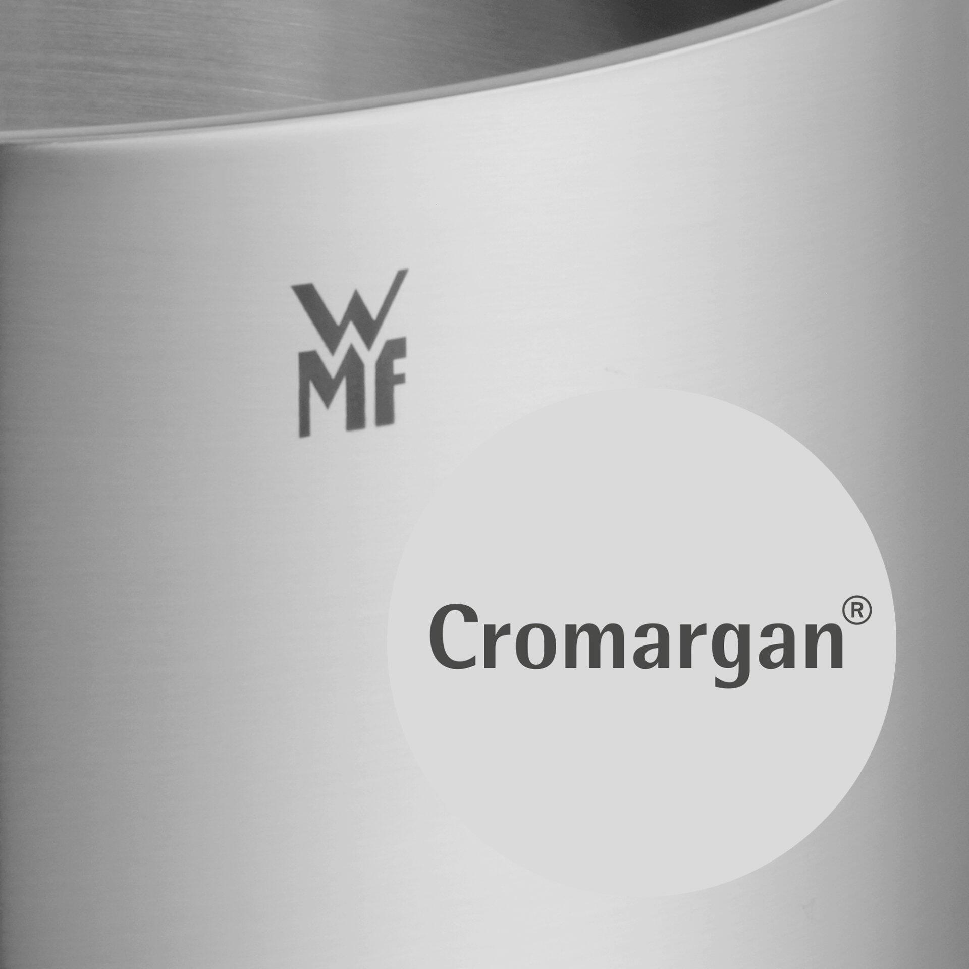 WMF Gemüsetopf Cromargan®: Detailaufnahme der gebürsteten Metalloberfläche mit WMF Logo