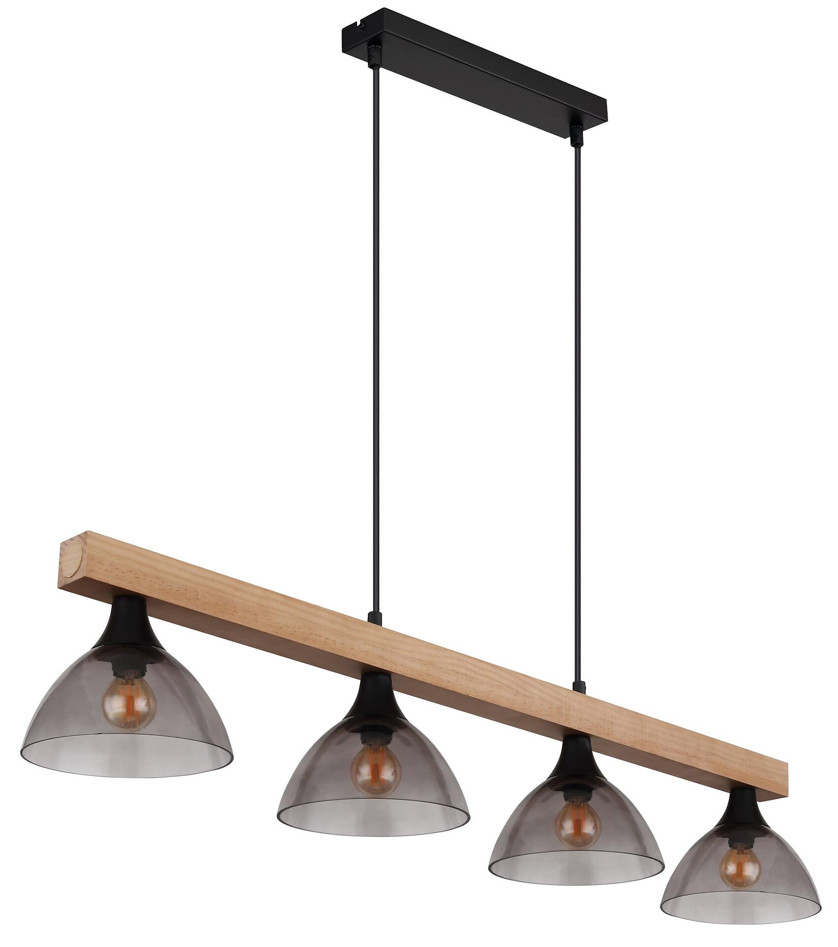 Hängeleuchte LINDI mit vier konischen, rauchig-grauen Lampenschirmen, die an einer höhenverstellbaren Kette und einem Holz- und Metallgestell befestigt sind.