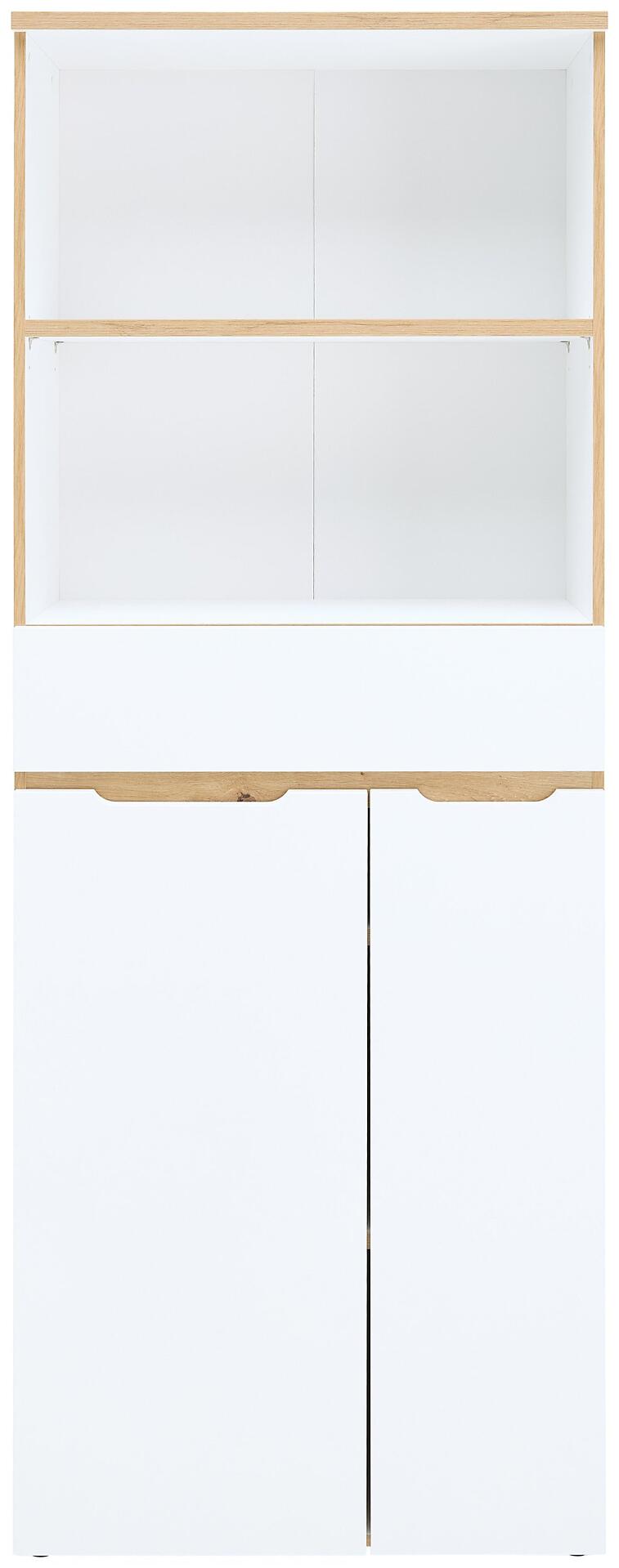 Büroschrank Memphis mit weißen Fronten, horizontaler Artisan Eiche Leiste, zwei Türen im unteren Bereich und zwei offene Fächer oben.