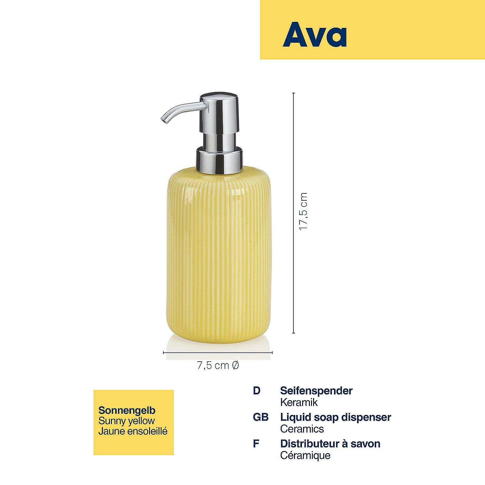 Seifenspender Ava aus hellgelber Keramik mit vertikalen Rillen und goldenem Pumpkopf.