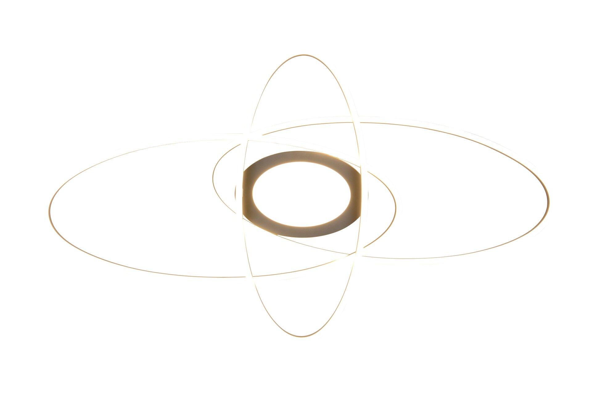 Deckenleuchte Ovine, goldenes Design mit elliptischen Lichtlinien, die einen dynamischen Effekt erzeugen.