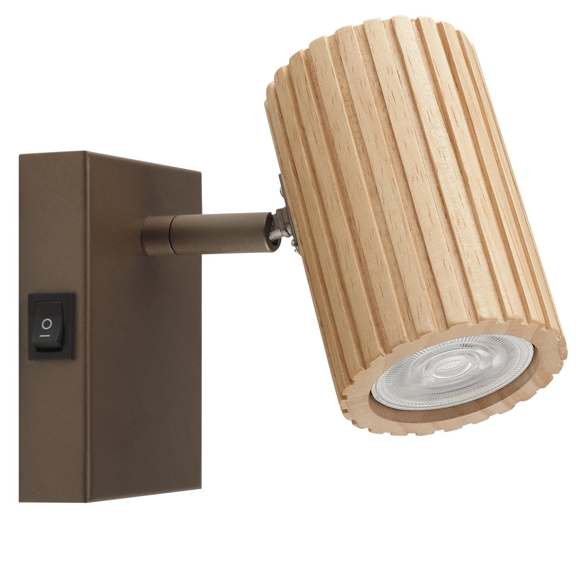Wandleuchte Lakewood mit schwenkbarem Lampenkopf, vertikalen Holzlamellen und integriertem Kippschalter an rechteckigem Wandhalter.