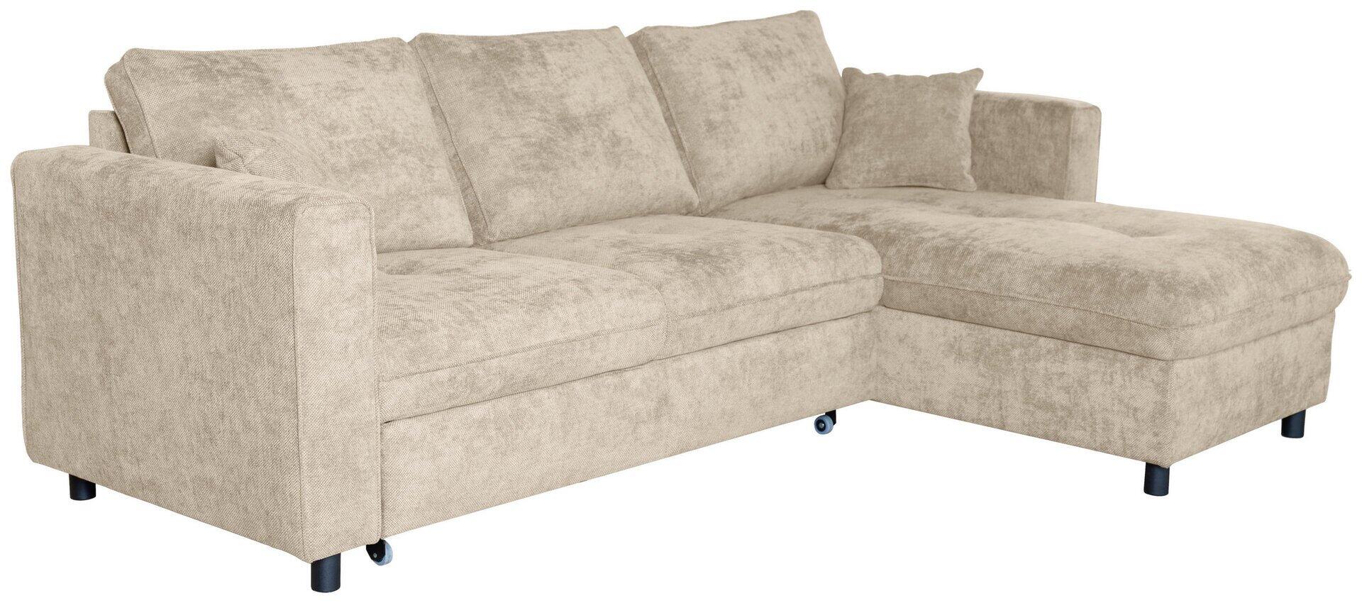 Ecksofa Tokyo in Beige mit schwarzen Metallfüßen und Rollen, die eine Ausziehfunktion zeigen.