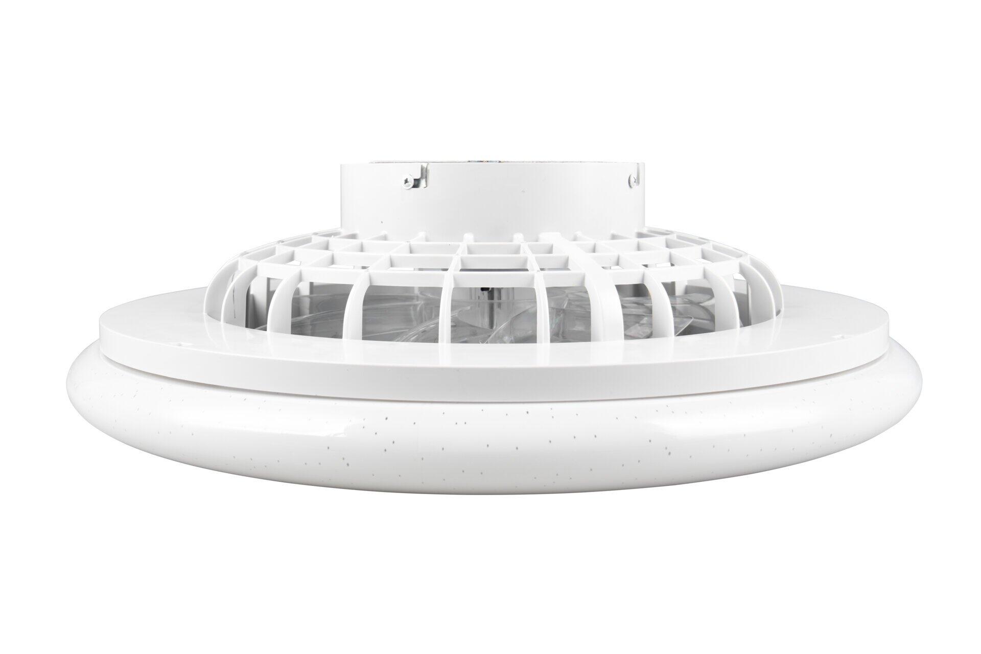 Weißer Deckenventilator mit drei aerodynamischen Flügeln.