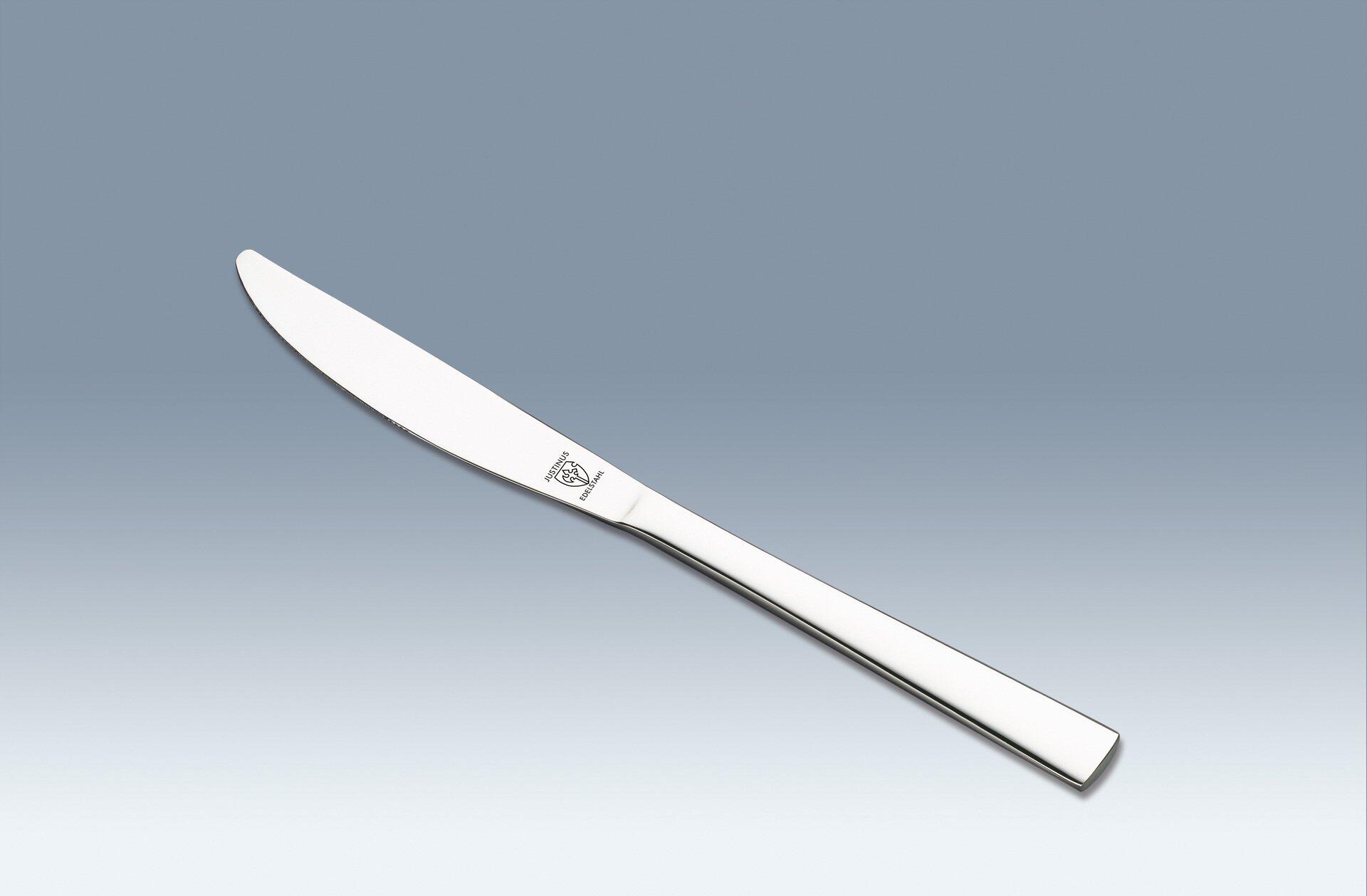 Menümesser Fusion aus Edelstahl mit ergonomisch geformtem Griff und polierter Klinge, Detailaufnahme vor hellem Hintergrund.