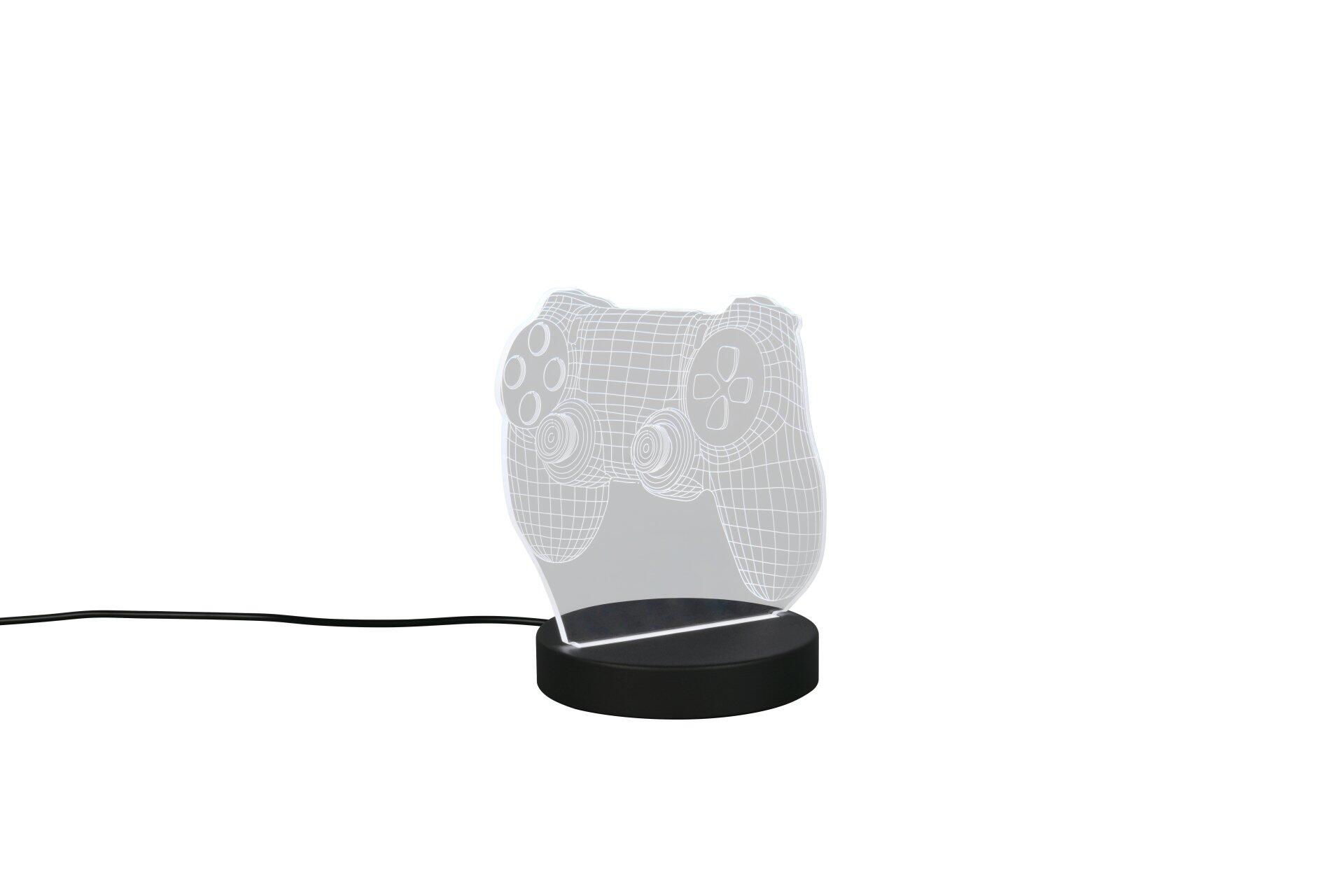 Tischleuchte Joy im Design eines beleuchteten Spielcontroller-Reliefs auf schwarzem Sockel, frontal präsentiert.