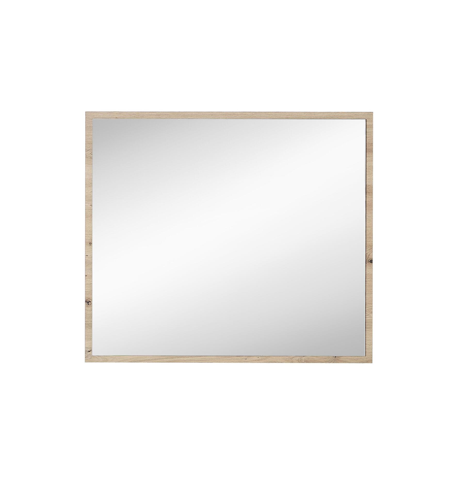 Rechteckiger Spiegel Memphis mit schmalem, holzoptischen Rahmen und sichtbarer Maserung, der die Umgebung in einer hellen Wand reflektiert.