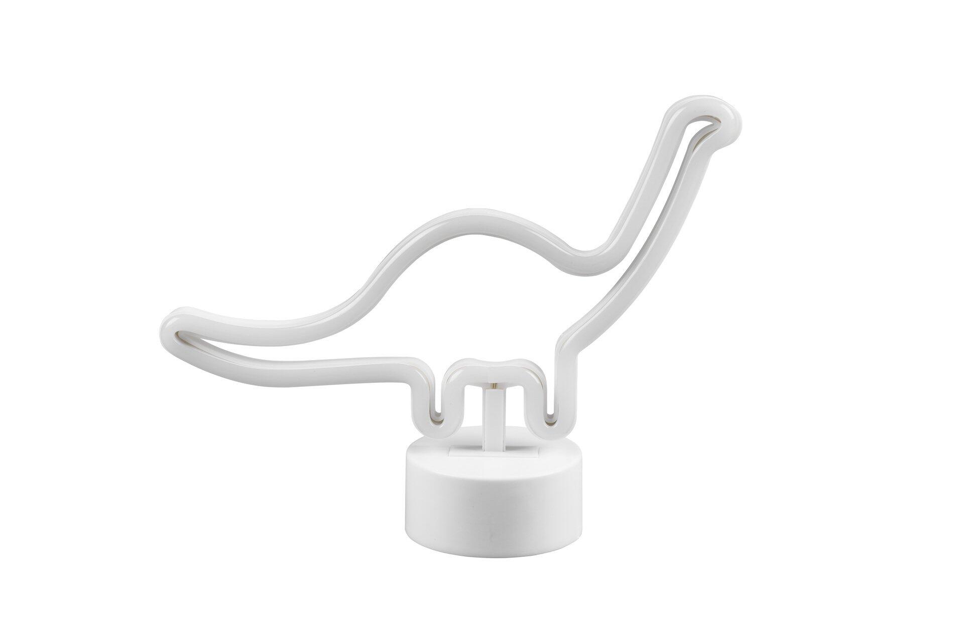 Neonleuchte Bronto in Form eines stilisierten Schwans mit geschwungener Form und geneigtem Kopf auf weißer Basis.