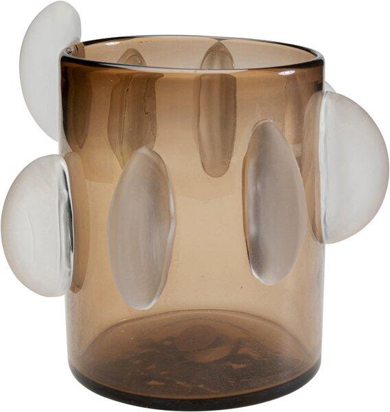 Handgefertigte Crispy Vase aus braun getöntem Glas mit drei applizierten, klaren Glasblättern an der Oberseite.