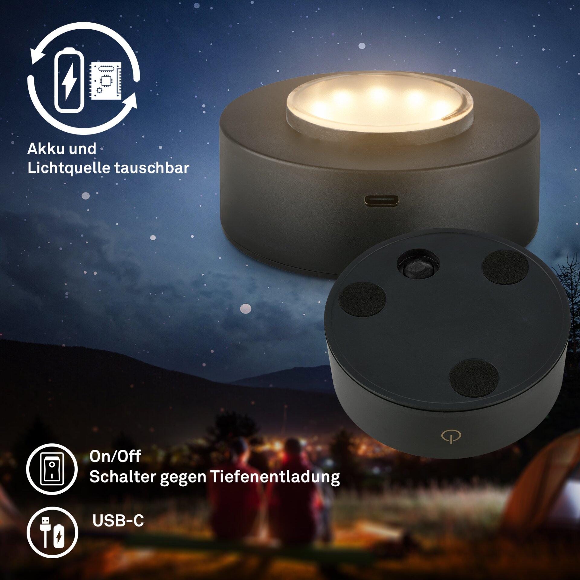 Tischleuchte Sunora mit Touchdimmer, Detailaufnahme von hinten mit Symbolen für austauschbaren Akku, USB-C-Anschluss und On/Off-Schalter.