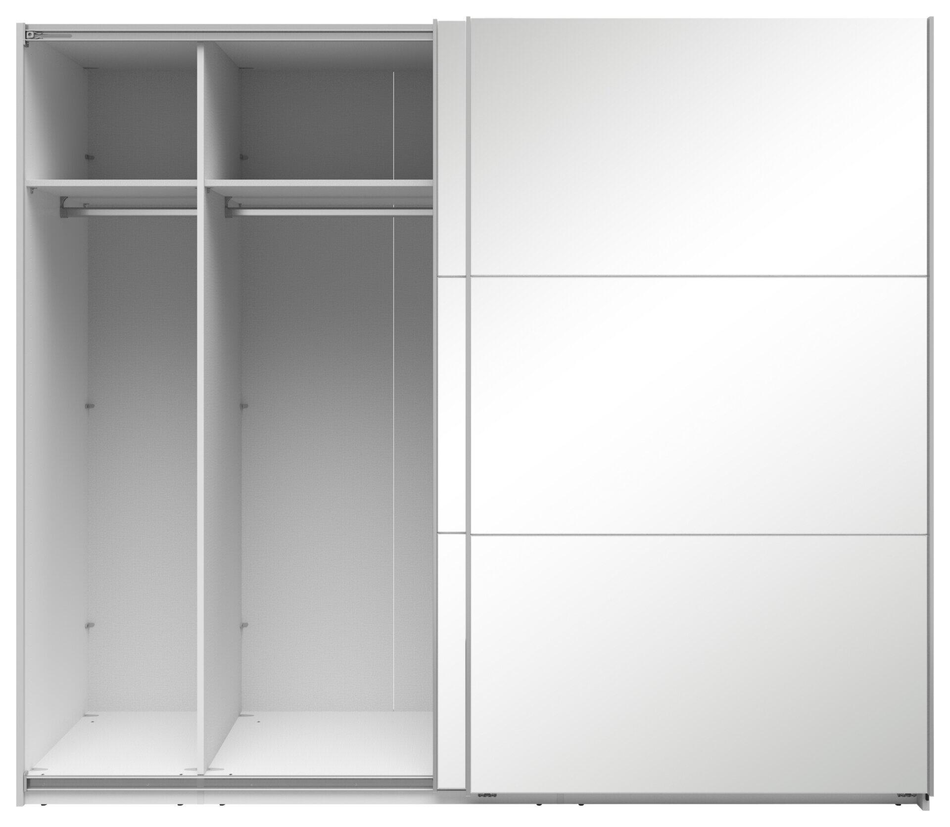 Offener Schwebetürenschrank Neo mit weißen, glatten Schiebetüren, die bei geöffneter Darstellung nach links und rechts verschwinden, sowie Kleiderfach mit Kleiderstange und Ablagefläche für gefaltete Kleidung oder Schubladen.