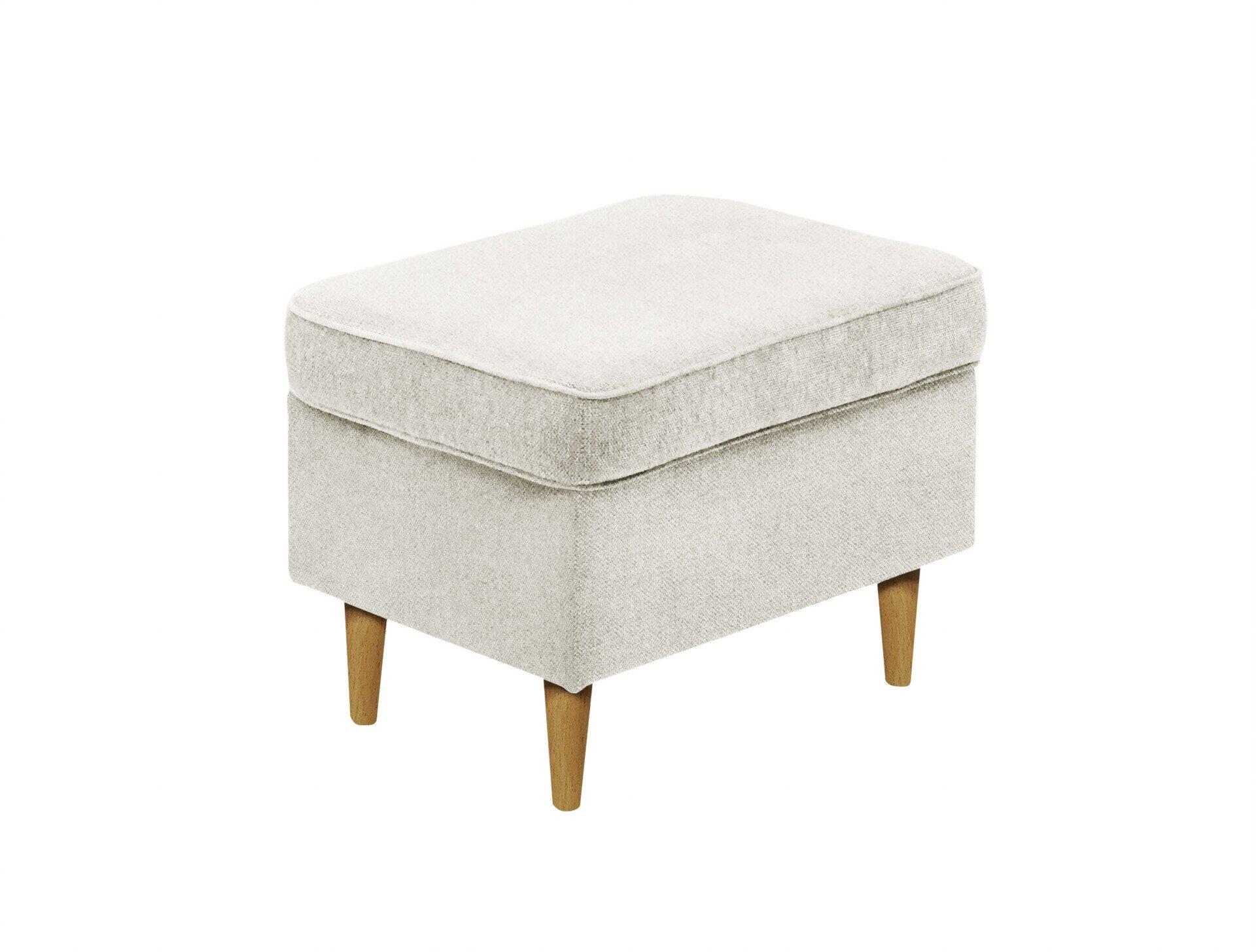Hocker Hugo mit grauem Stoffbezug, Deckel aufgeklappt und Stauraum sichtbar, auf Massivholzfüßen in ¾-Ansicht.
