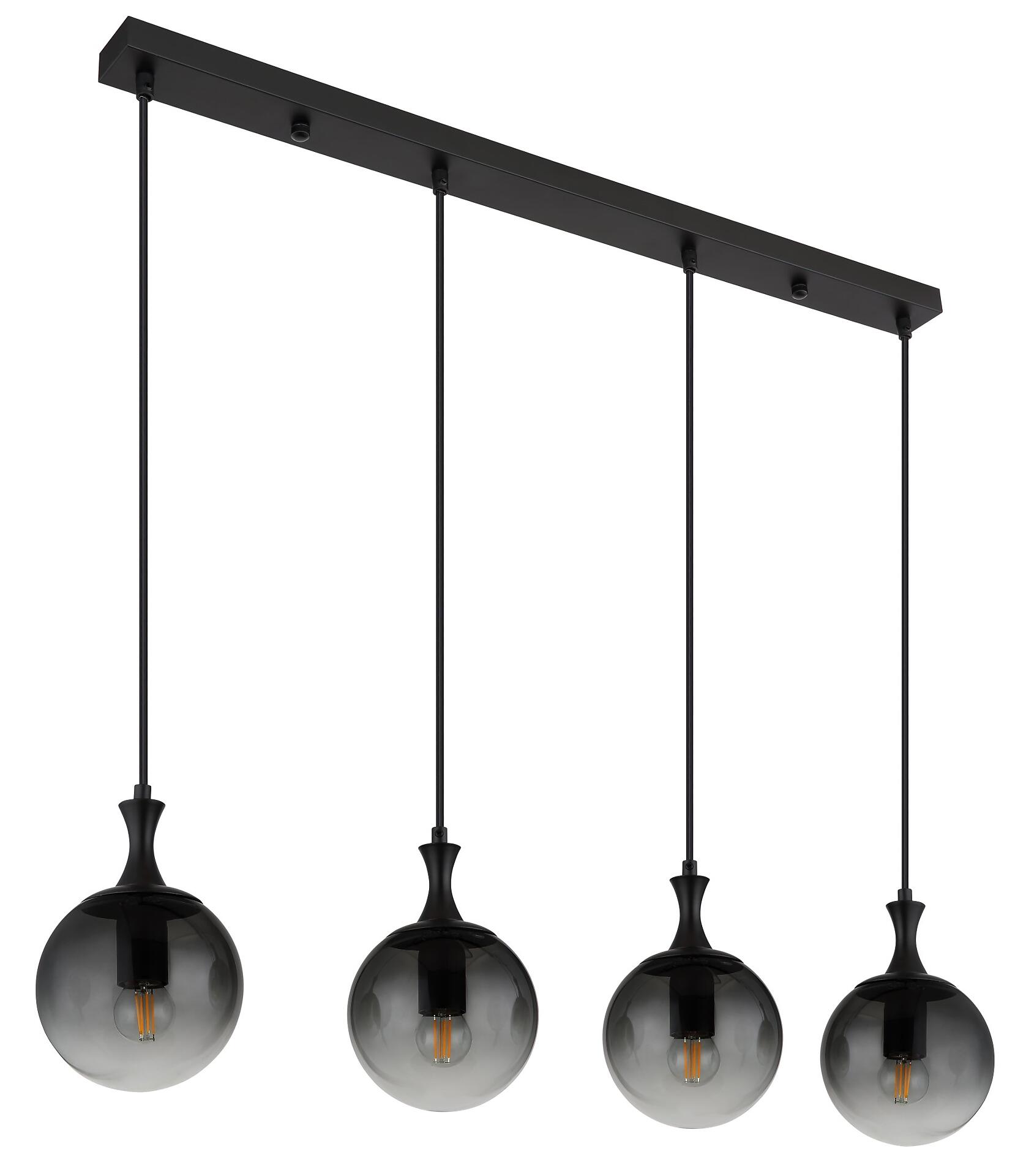 Hängeleuchte DALTON mit vier kugelförmigen Lampenschirmen in dunklem Farbverlauf, die an filigranen Metallstielen und Seilen von einer runden Deckenplatte hängen.