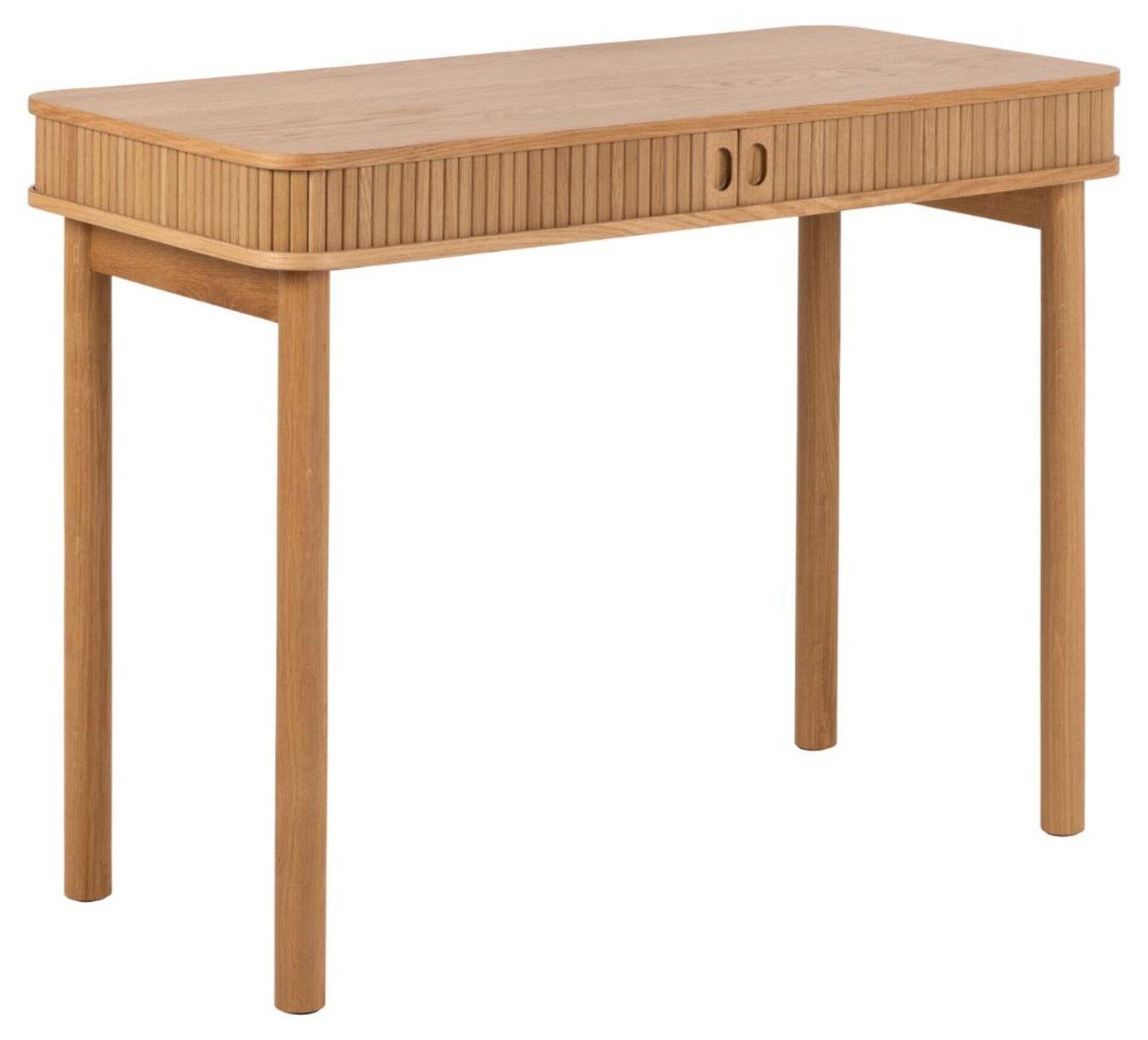 Beistelltisch Langley mit zwei Schubladen in der erhöhten Rückseite und schlanken, konischen Holzbeinen.