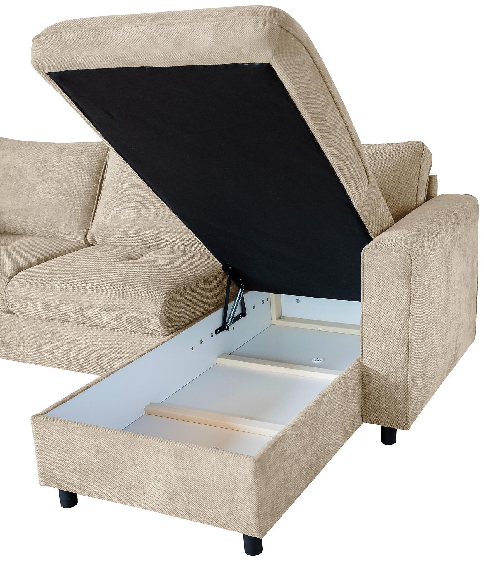 Ecksofa Tokyo mit hochklappbarer Sitzfläche und integriertem Bettkasten, der eine Holzablage freigibt, sowie mit schwarzen Metallfüßen.