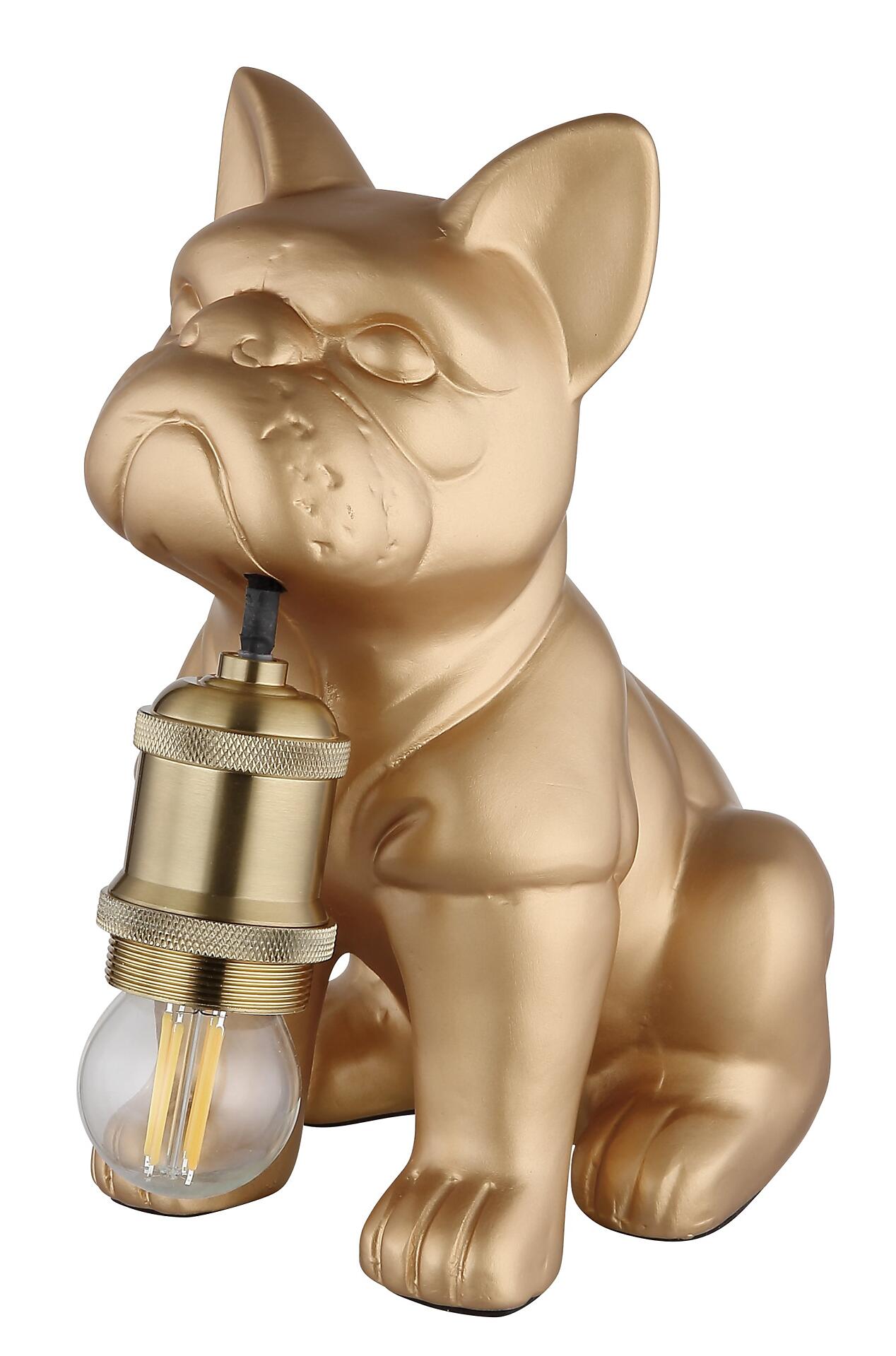 Tischleuchte DOGO im Design einer Goldfarbenen Bulldogge mit abwärts gerichtetem Lichtschein und verstellbarer Edison-Glühbirne.